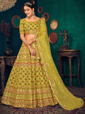 Beautiful Lime Green Thread Work Georgette Lehenga Choli With Dupatta - Zeel Clothing