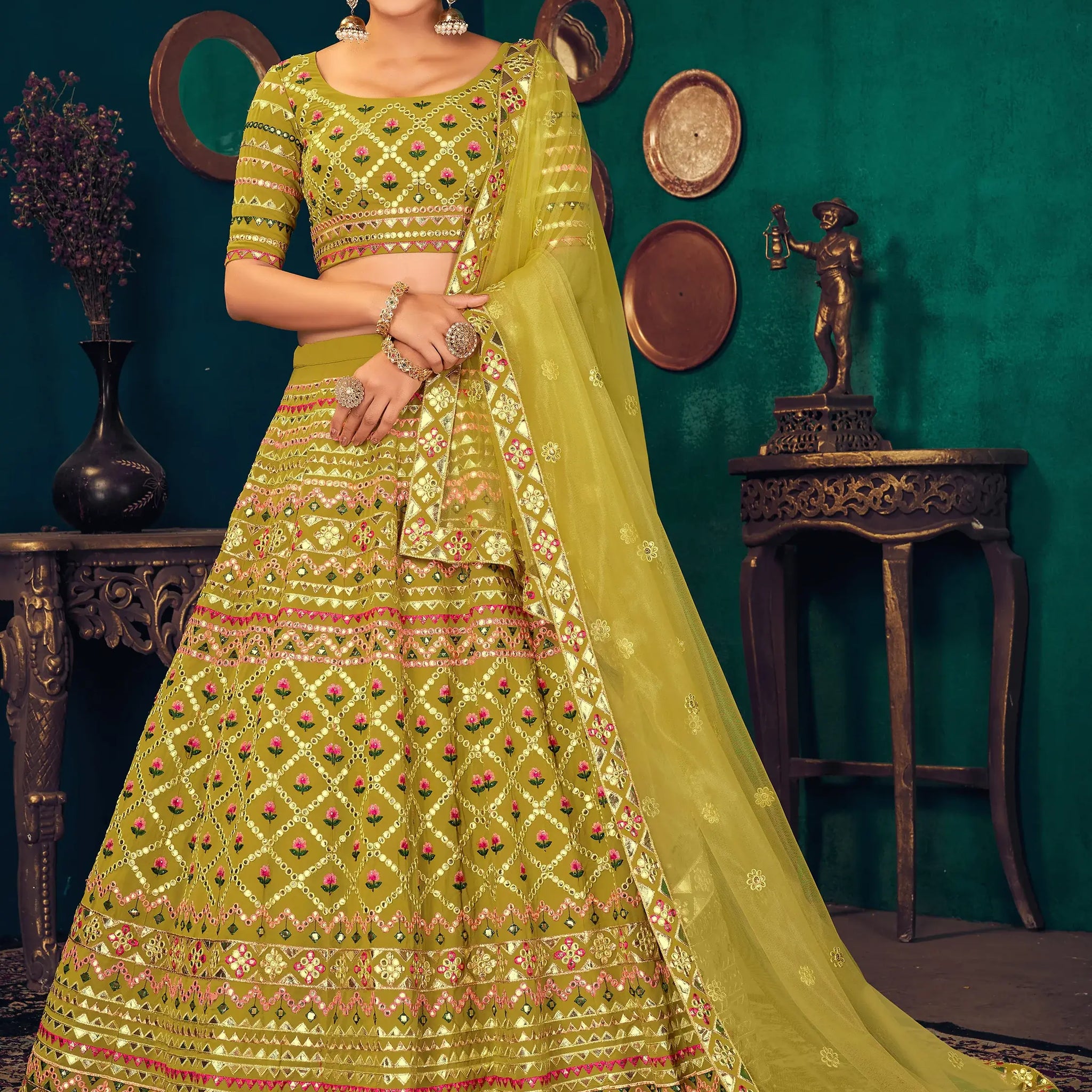 Beautiful Lime Green Thread Work Georgette Lehenga Choli With Dupatta - Zeel Clothing