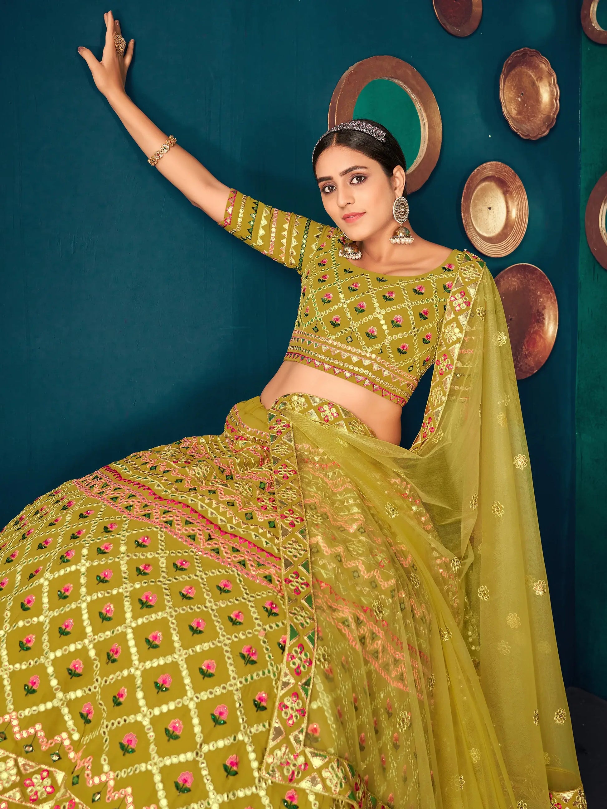 Beautiful Lime Green Thread Work Georgette Lehenga Choli With Dupatta - Zeel Clothing