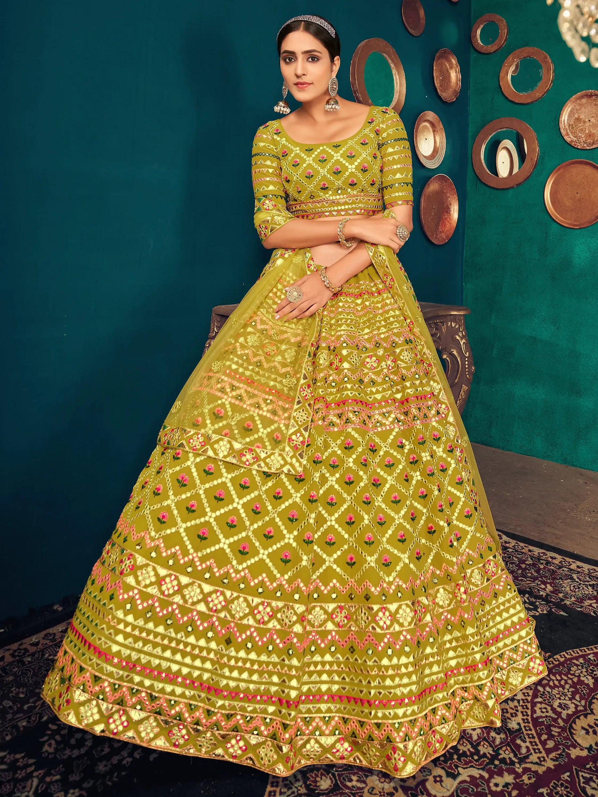 Beautiful Lime Green Thread Work Georgette Lehenga Choli With Dupatta - Zeel Clothing