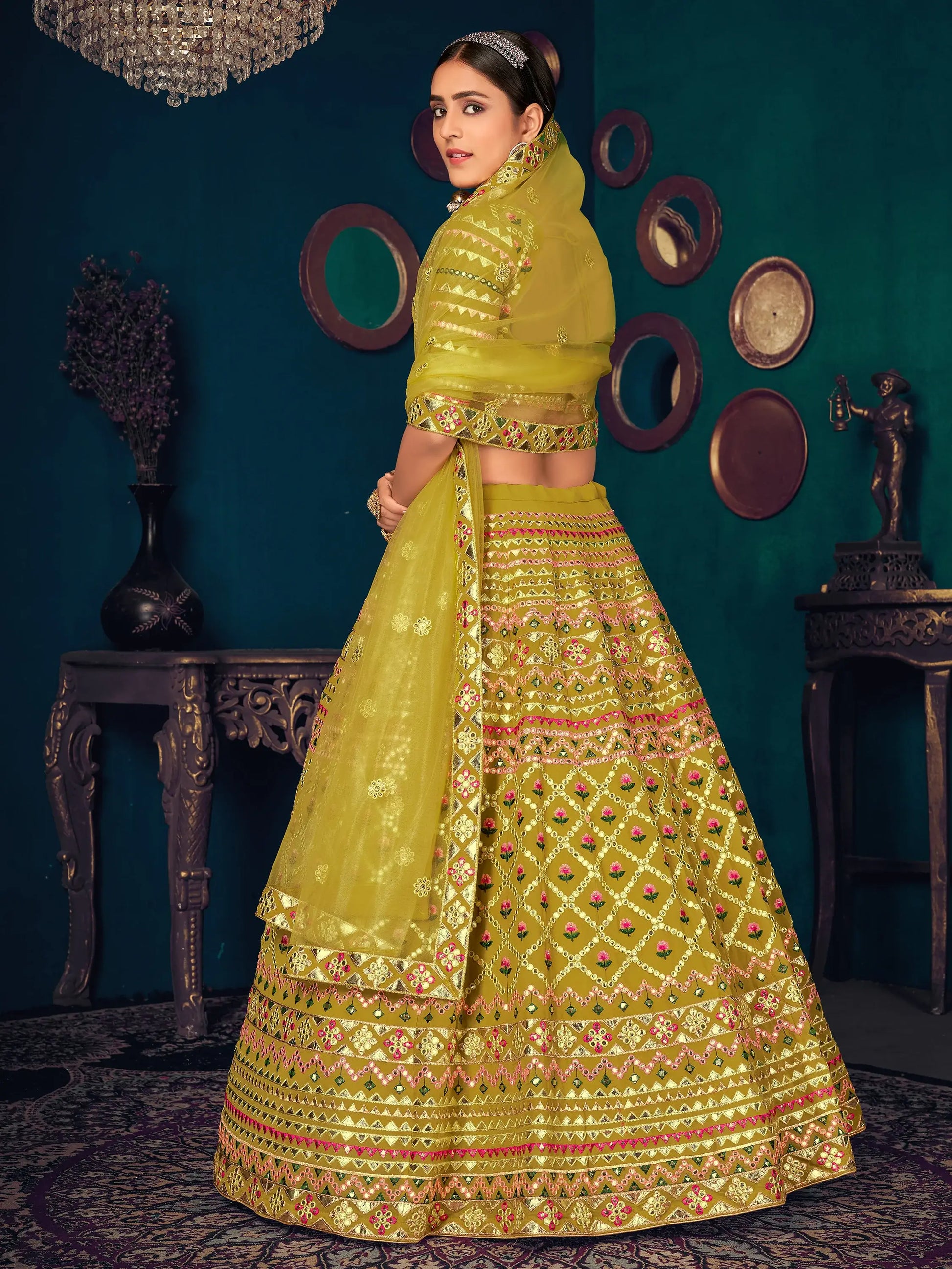 Beautiful Lime Green Thread Work Georgette Lehenga Choli With Dupatta - Zeel Clothing