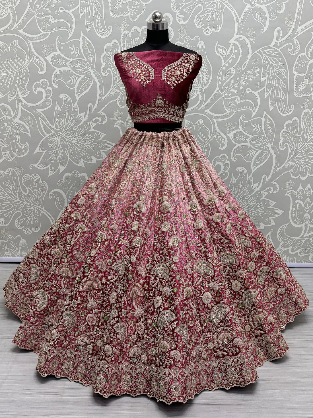 Beautiful Magenta Embroidered Velvet Bridesmaid Lehenga Choli - Zeel Clothing