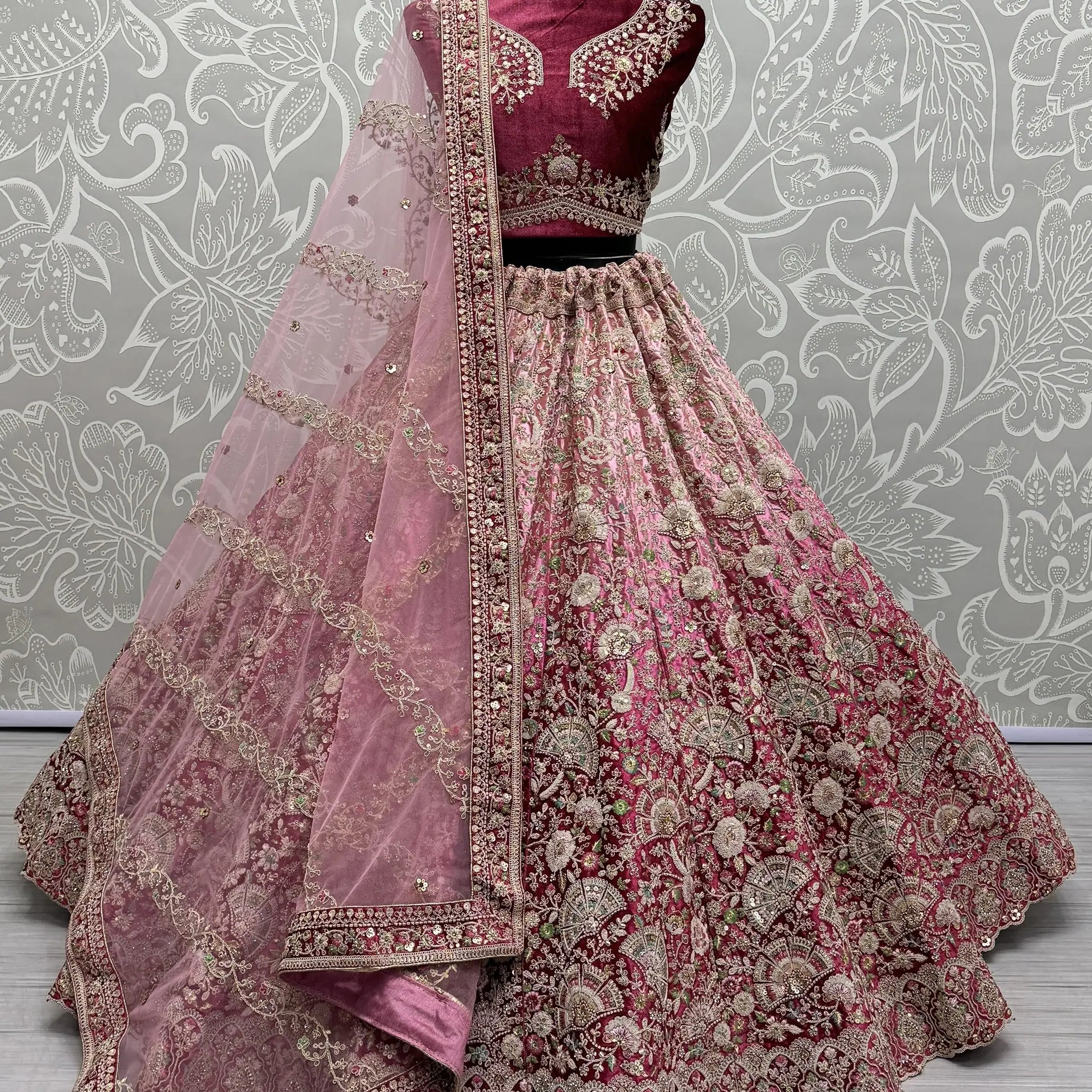 Beautiful Magenta Embroidered Velvet Bridesmaid Lehenga Choli - Zeel Clothing