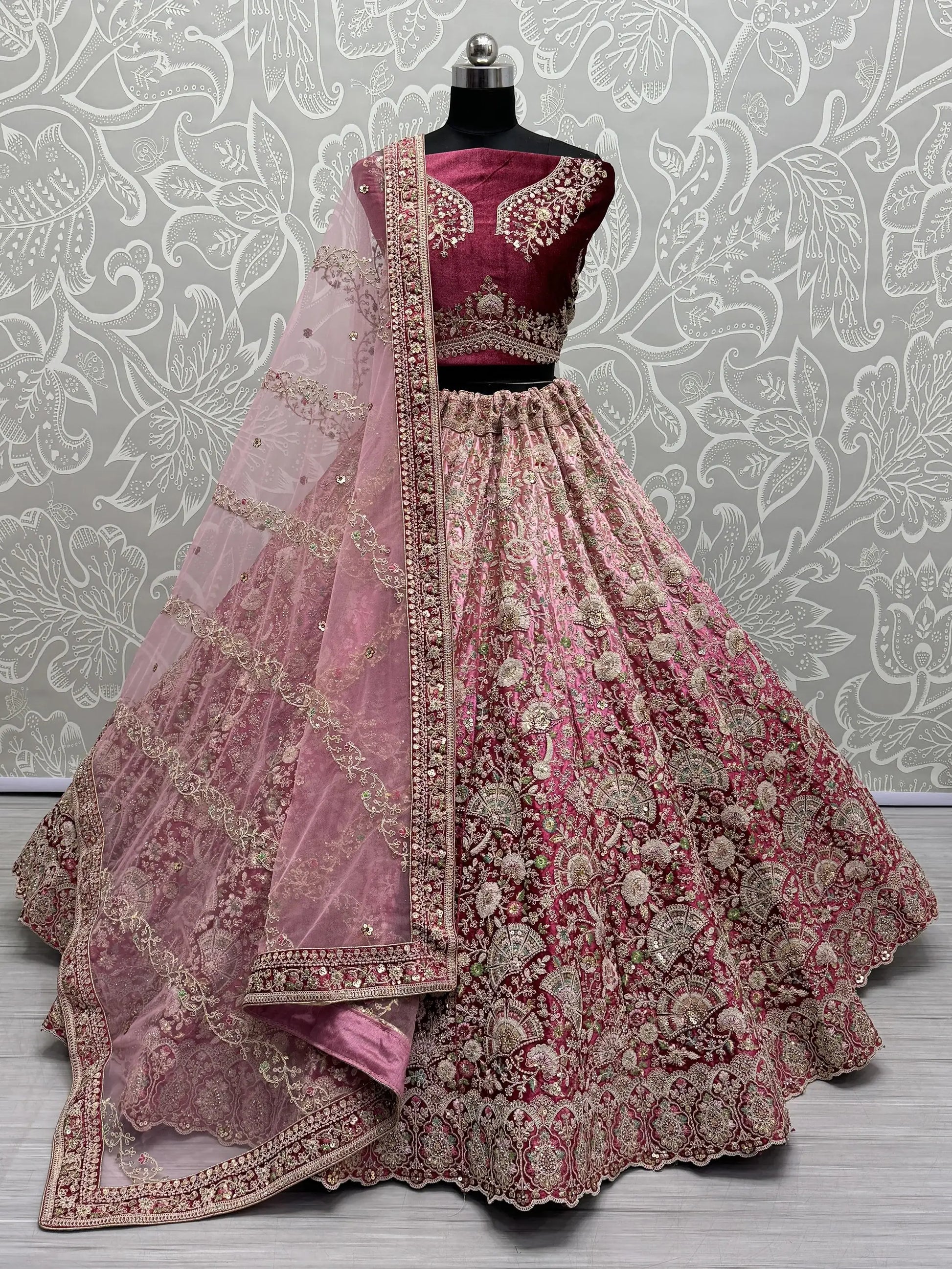Beautiful Magenta Embroidered Velvet Bridesmaid Lehenga Choli - Zeel Clothing