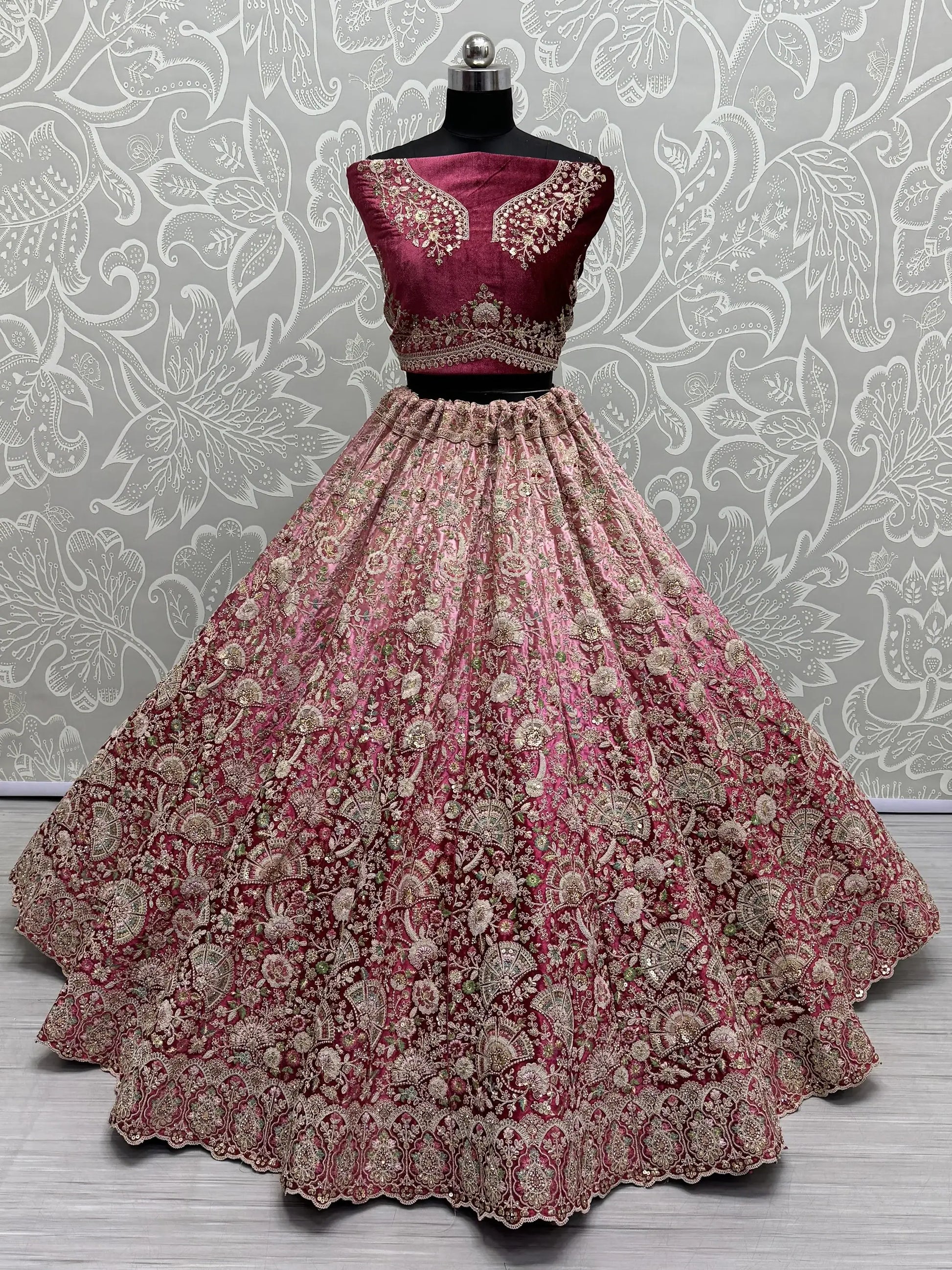 Beautiful Magenta Embroidered Velvet Bridesmaid Lehenga Choli - Zeel Clothing
