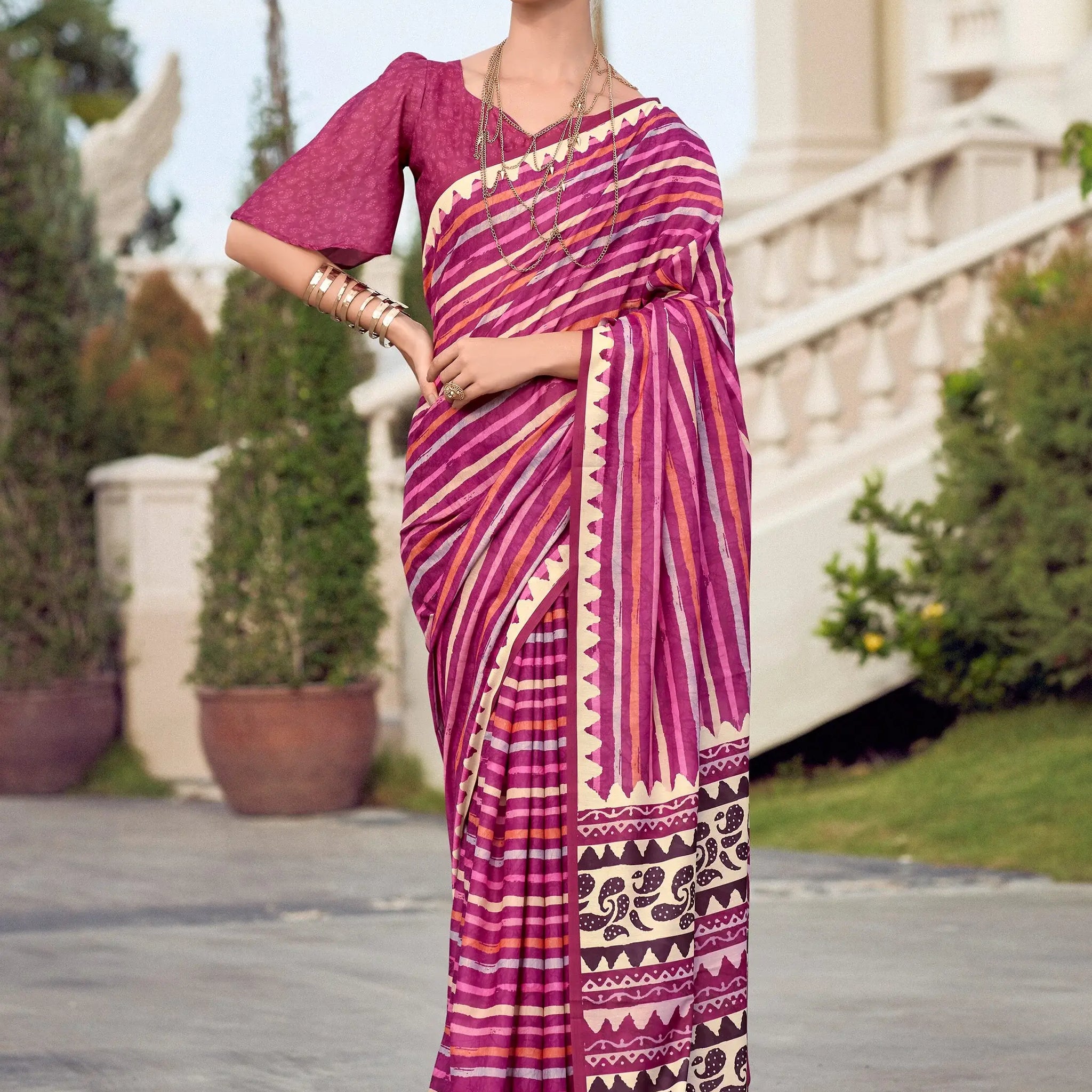 Beautiful Magenta Printed Silk Casual Wear Saree With Blouse - Zeel Clothing