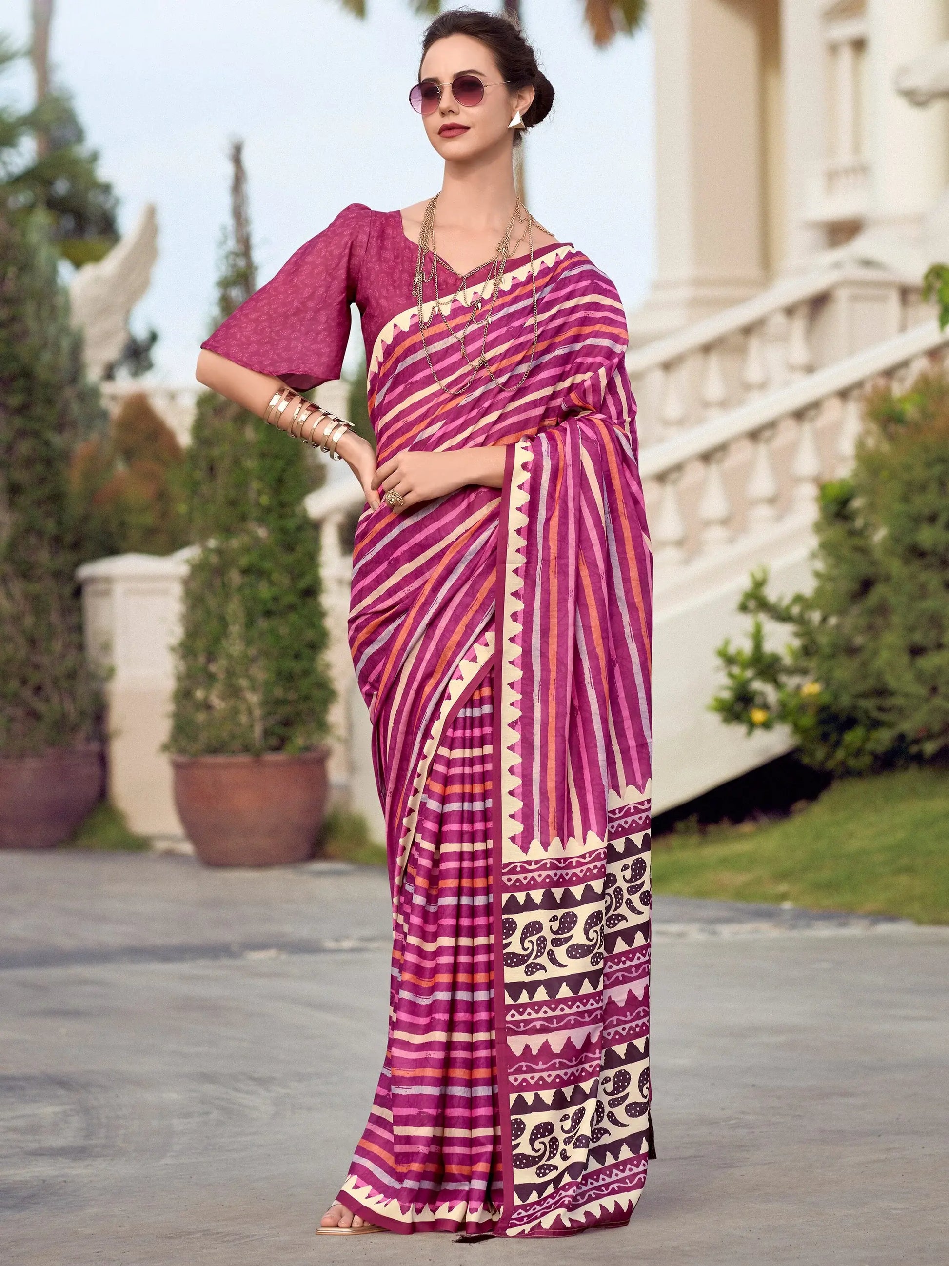 Beautiful Magenta Printed Silk Casual Wear Saree With Blouse - Zeel Clothing