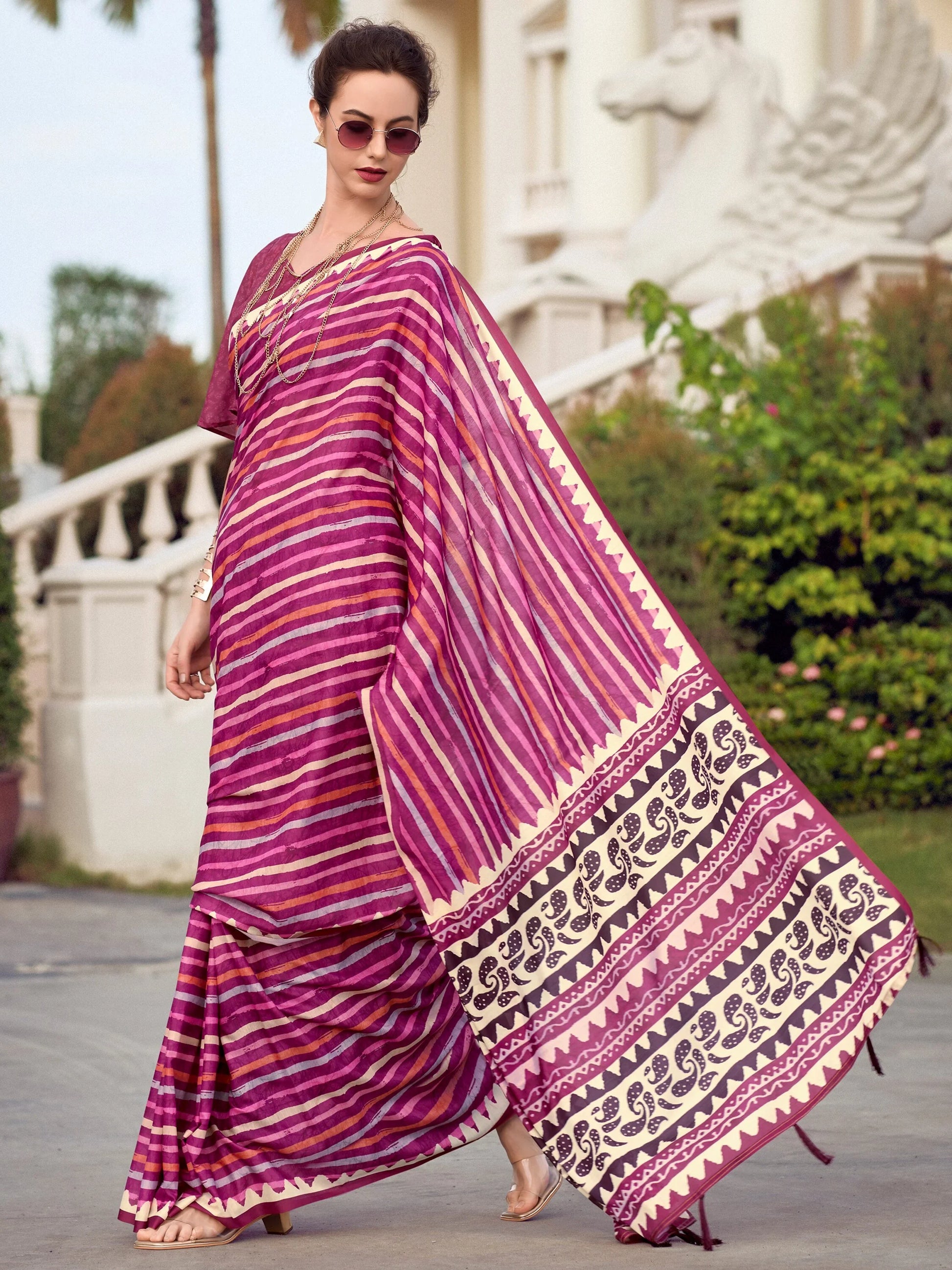 Beautiful Magenta Printed Silk Casual Wear Saree With Blouse - Zeel Clothing