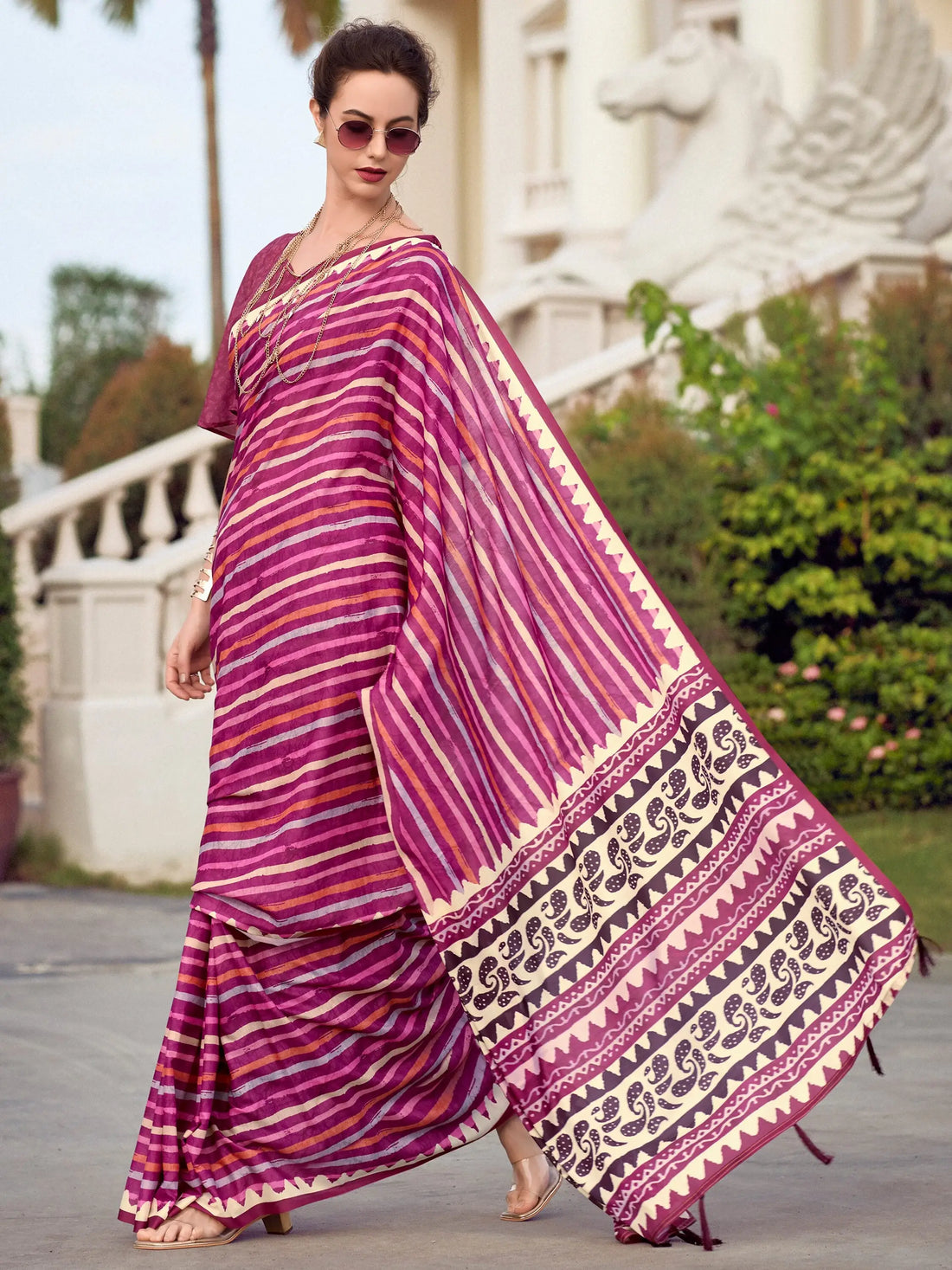 Beautiful Magenta Printed Silk Casual Wear Saree With Blouse - Zeel Clothing