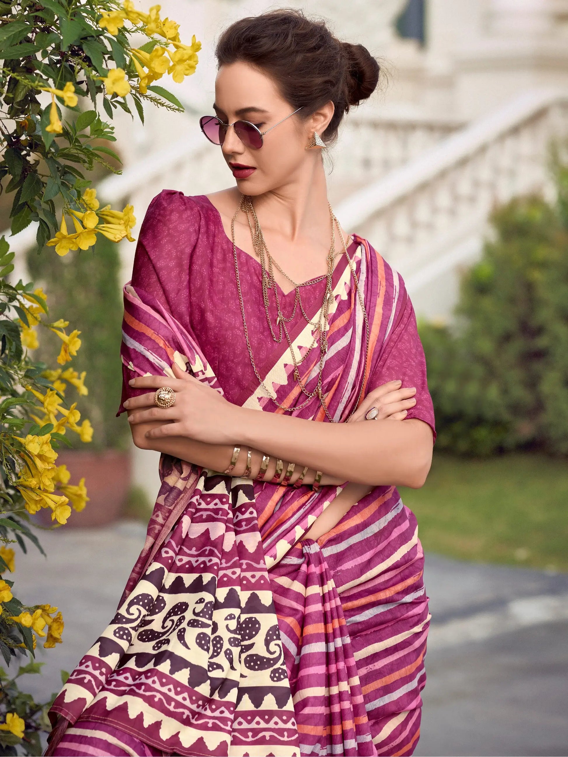 Beautiful Magenta Printed Silk Casual Wear Saree With Blouse - Zeel Clothing