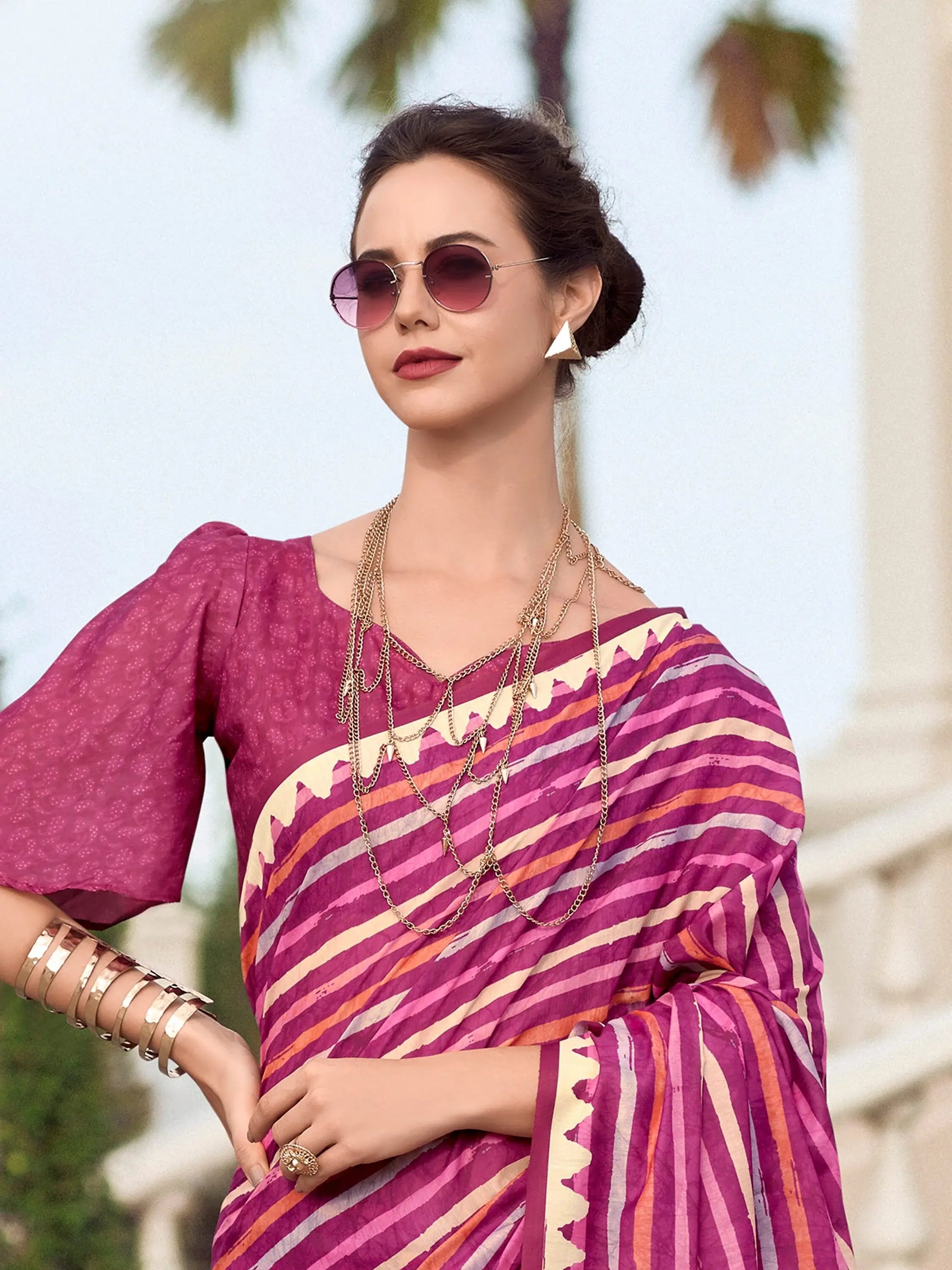 Beautiful Magenta Printed Silk Casual Wear Saree With Blouse - Zeel Clothing