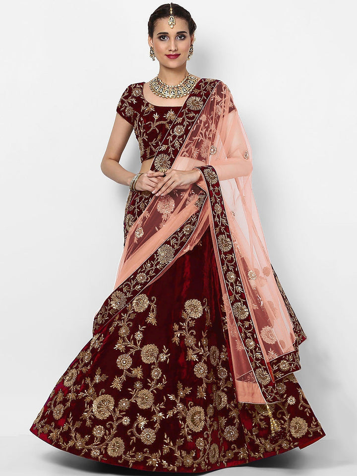 Beautiful Maroon Colored Party wear Designer Embroidered Velvet Lehenga Choli