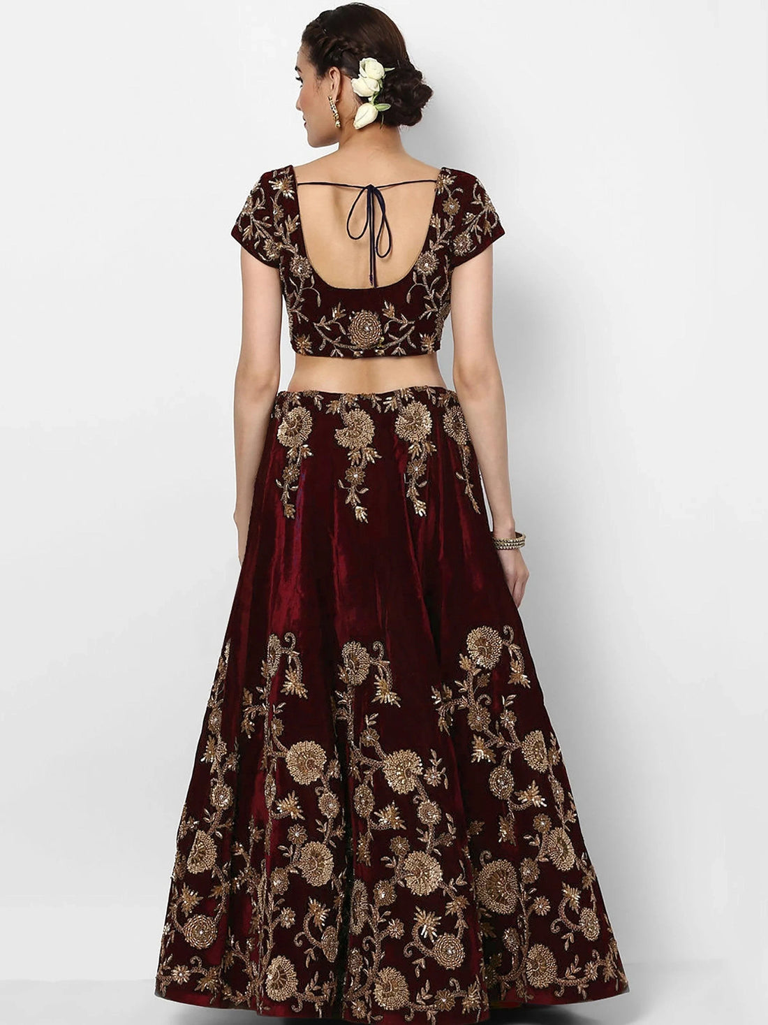 Beautiful Maroon Colored Party wear Designer Embroidered Velvet Lehenga Choli