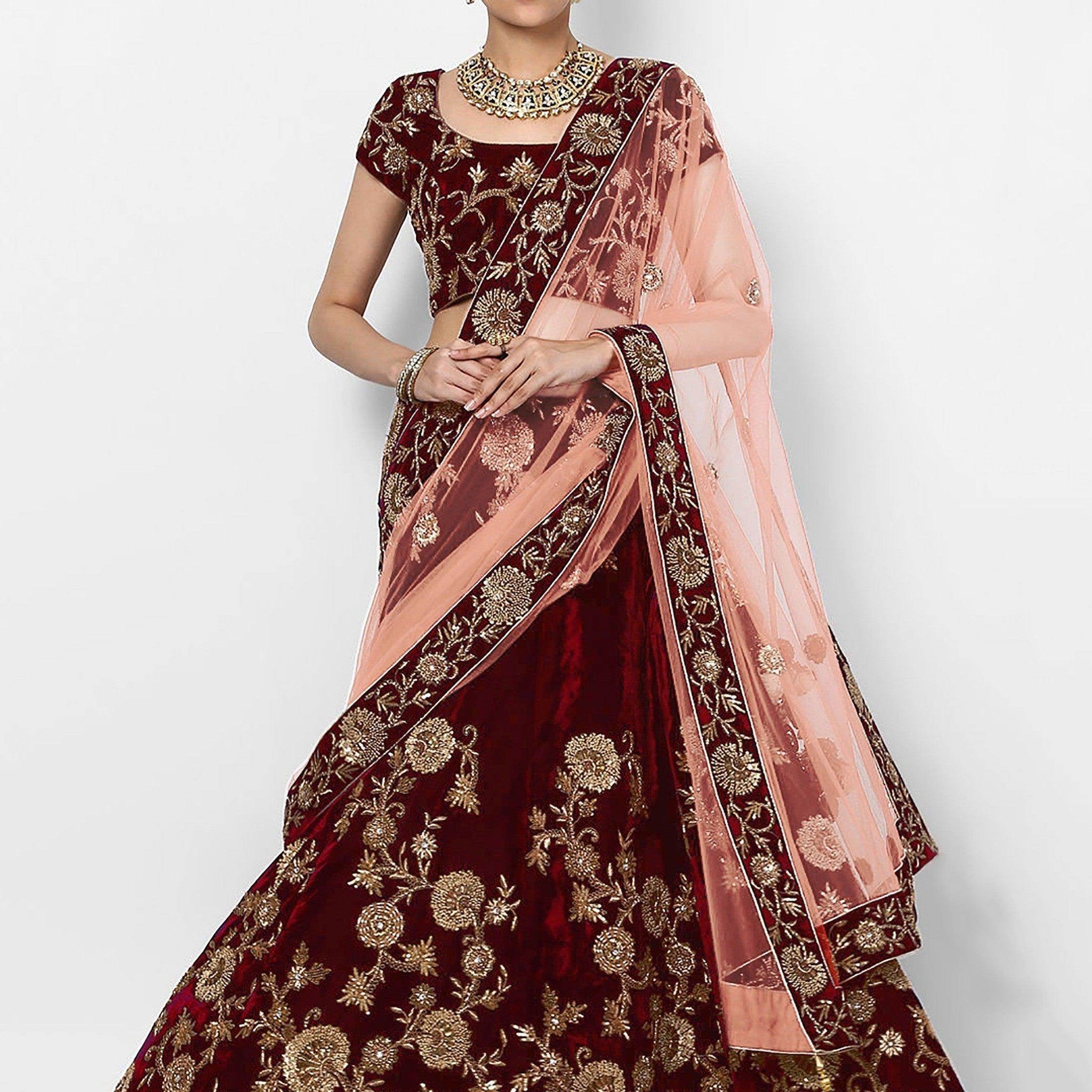 Beautiful Maroon Colored Party wear Designer Embroidered Velvet Lehenga Choli - Zeel Clothing