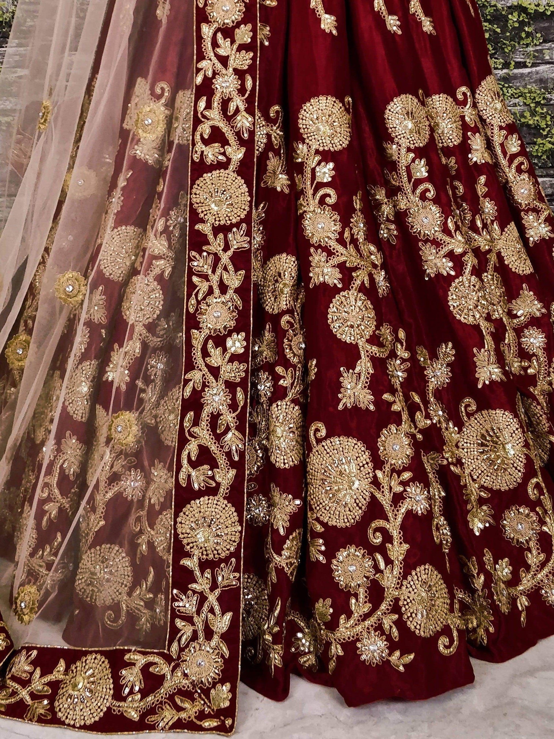 Beautiful Maroon Colored Party wear Designer Embroidered Velvet Lehenga Choli - Zeel Clothing