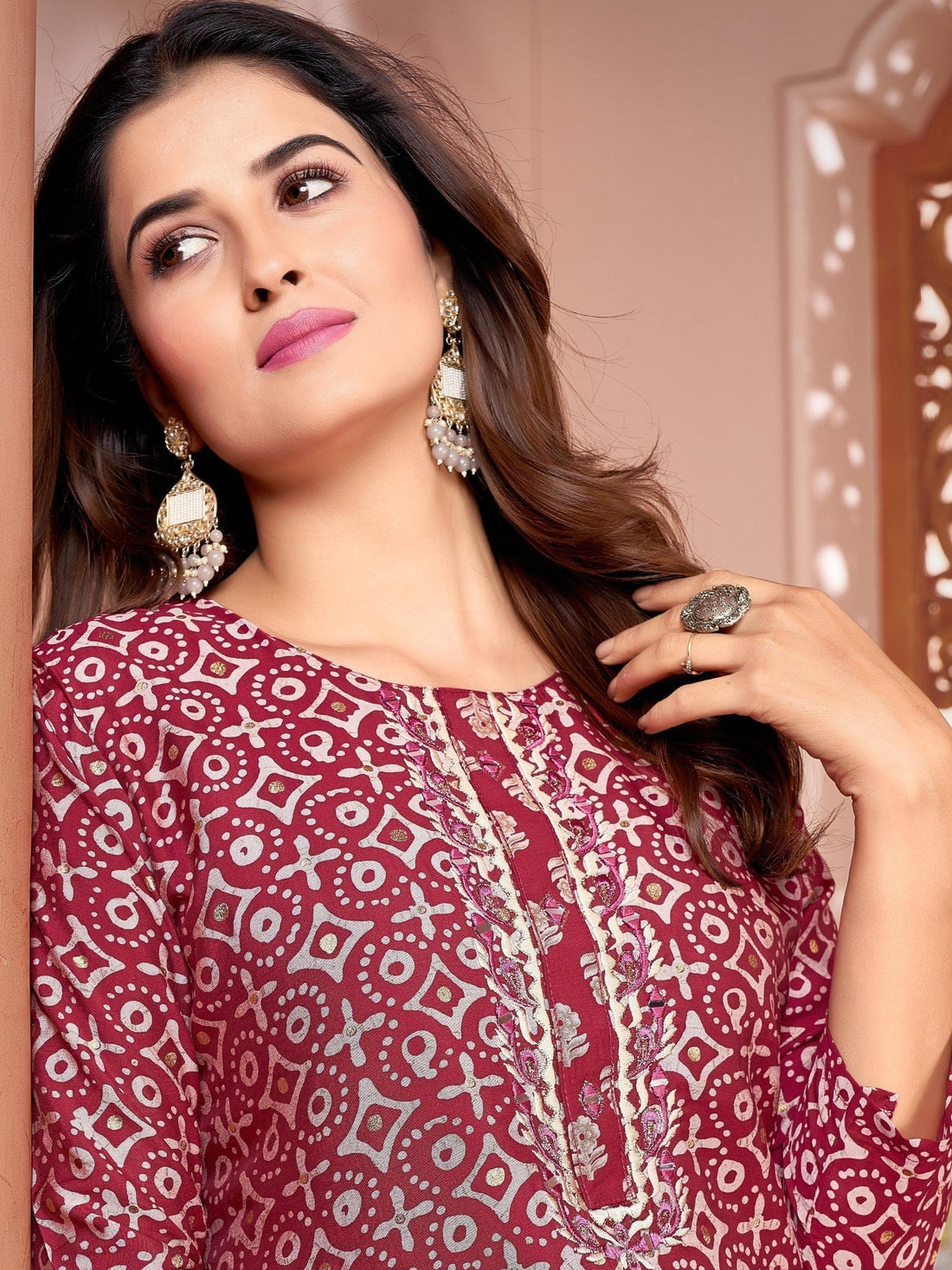 Beautiful Maroon Digital Printed Rayon Festive Wear Pant Suit