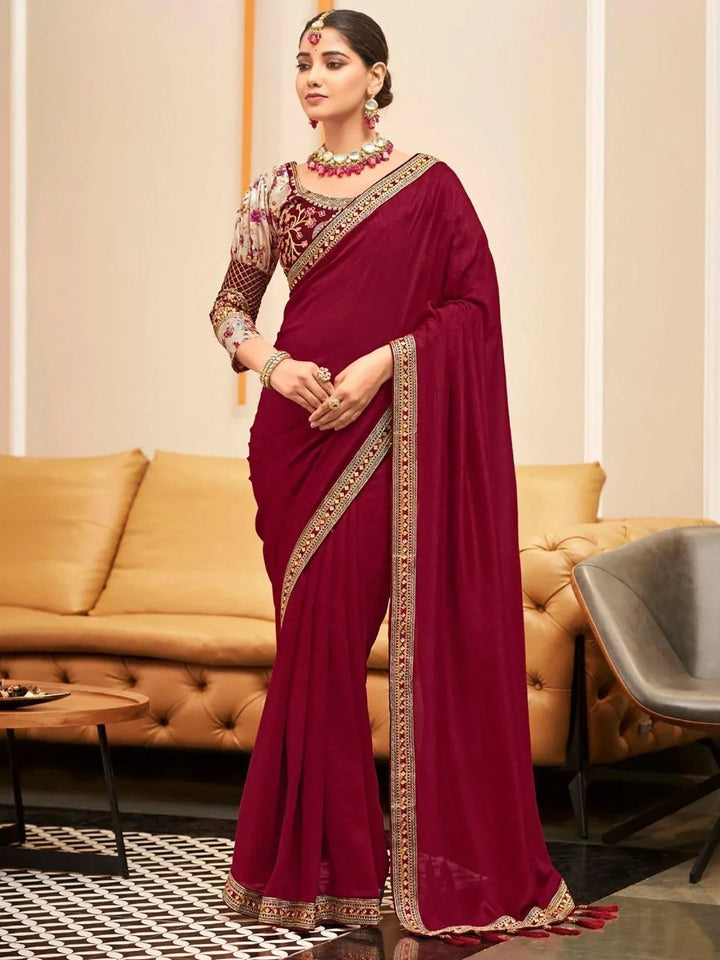 Beautiful Maroon Embroidered Border Vichitra Silk Wedding Wear Saree