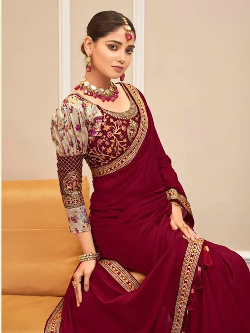 Beautiful Maroon Embroidered Border Vichitra Silk Wedding Wear Saree