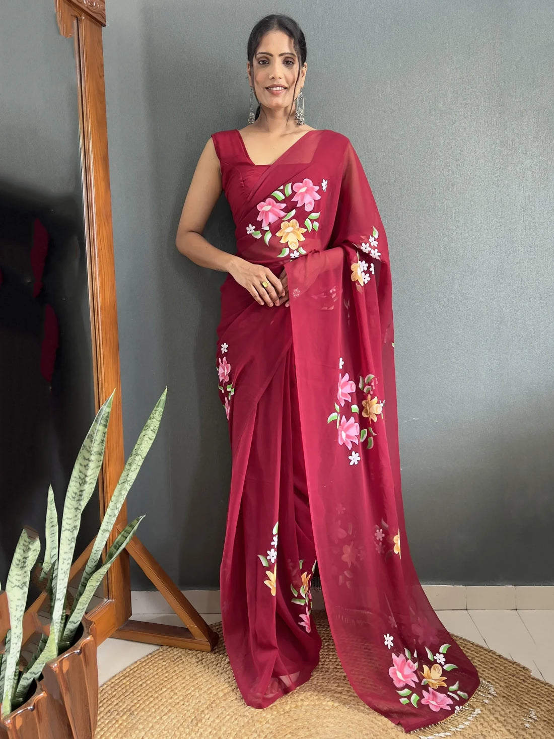 Beautiful Maroon Floral Print Georgette Pre Stitched Saree With Blouse - Zeel Clothing