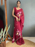 Beautiful Maroon Floral Print Georgette Pre Stitched Saree With Blouse - Zeel Clothing