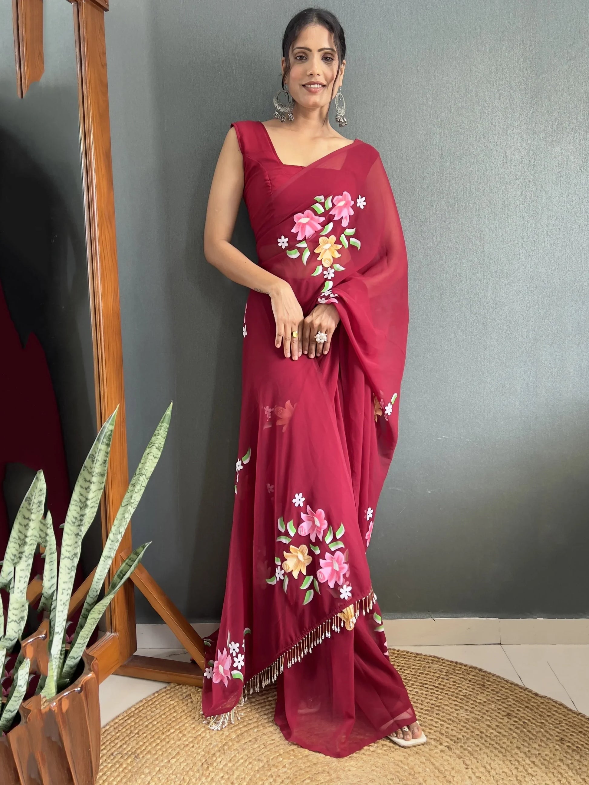 Beautiful Maroon Floral Print Georgette Pre Stitched Saree With Blouse - Zeel Clothing