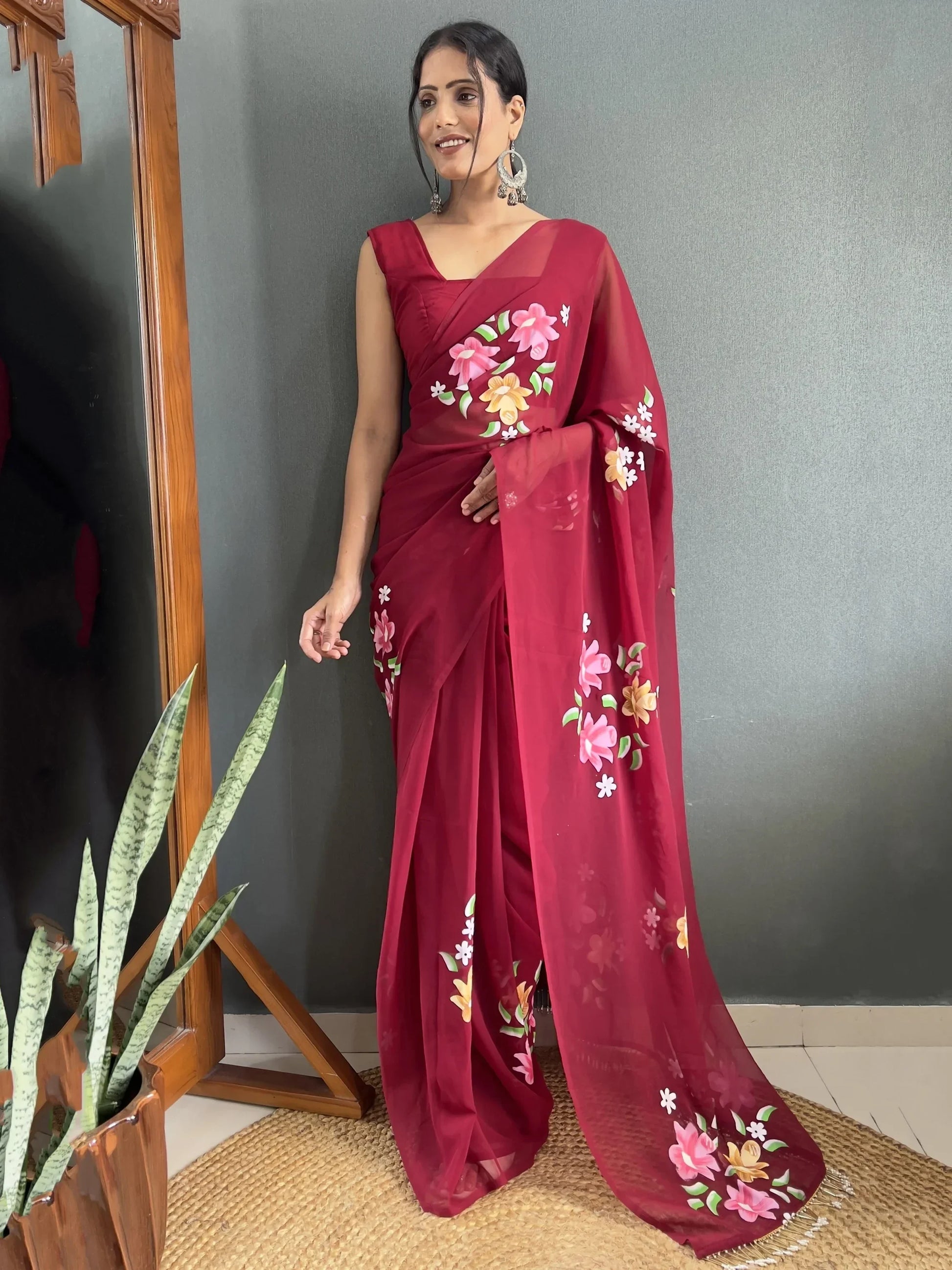 Beautiful Maroon Floral Print Georgette Pre Stitched Saree With Blouse - Zeel Clothing