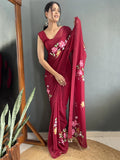Beautiful Maroon Floral Print Georgette Pre Stitched Saree With Blouse - Zeel Clothing
