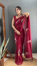 Beautiful Maroon Floral Print Georgette Pre Stitched Saree With Blouse - Zeel Clothing