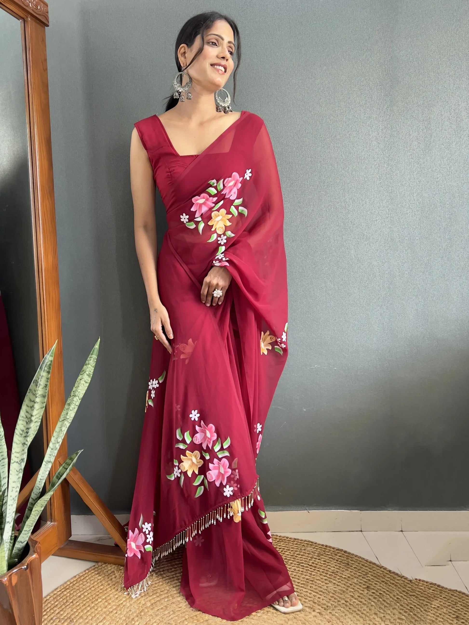 Beautiful Maroon Floral Print Georgette Pre Stitched Saree With Blouse - Zeel Clothing