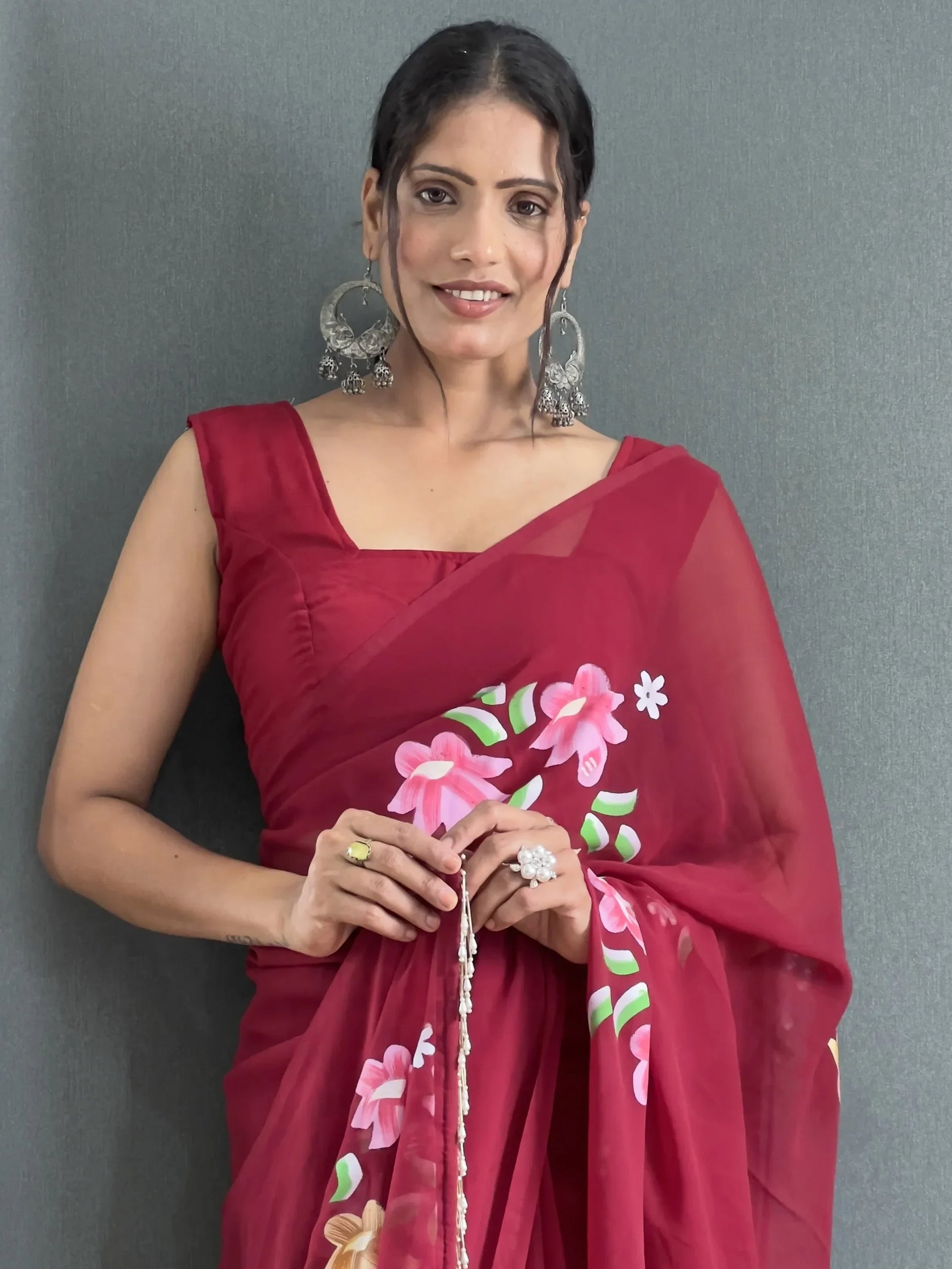 Beautiful Maroon Floral Print Georgette Pre Stitched Saree With Blouse - Zeel Clothing