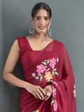 Beautiful Maroon Floral Print Georgette Pre Stitched Saree With Blouse - Zeel Clothing