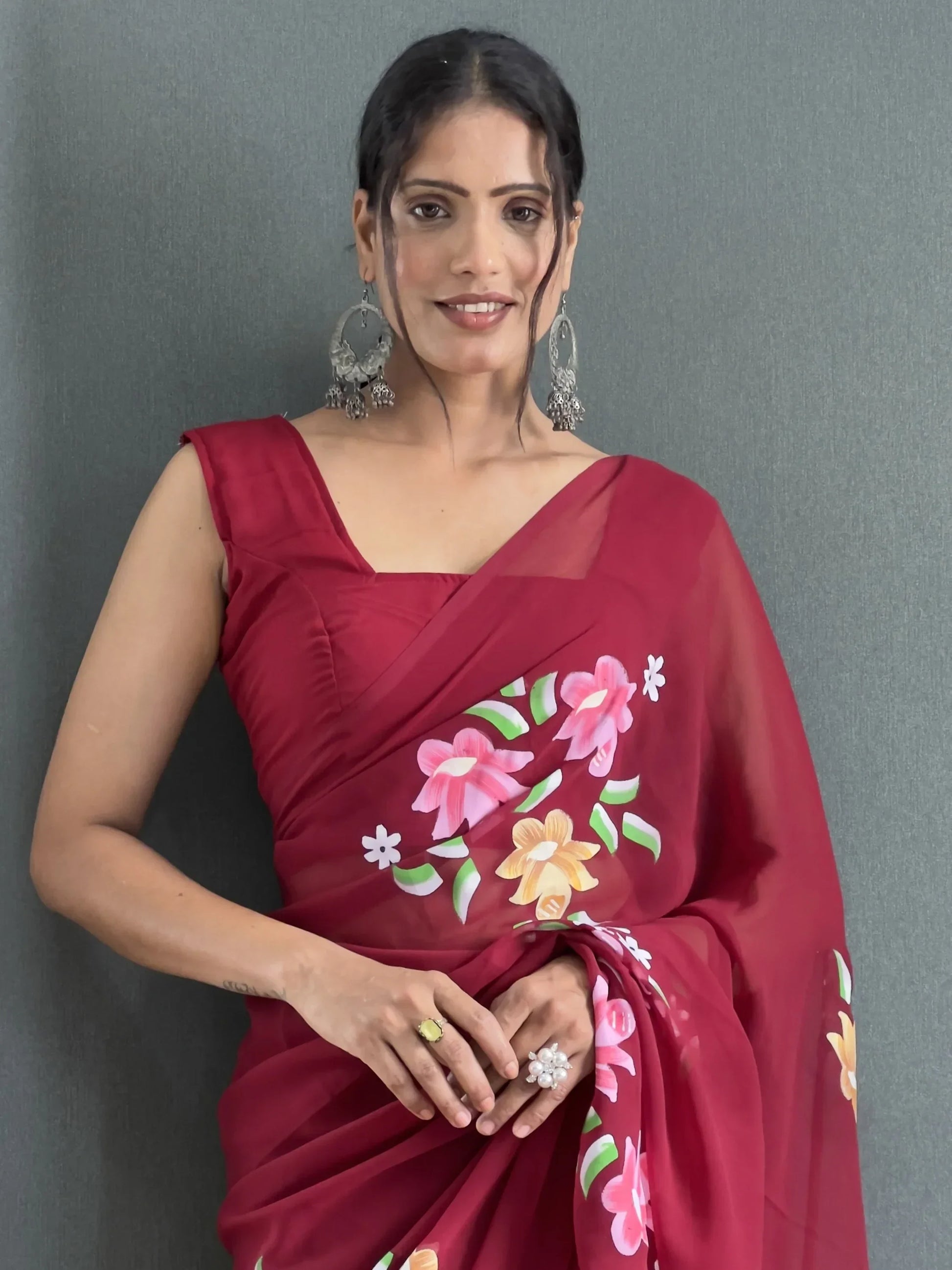 Beautiful Maroon Floral Print Georgette Pre Stitched Saree With Blouse - Zeel Clothing