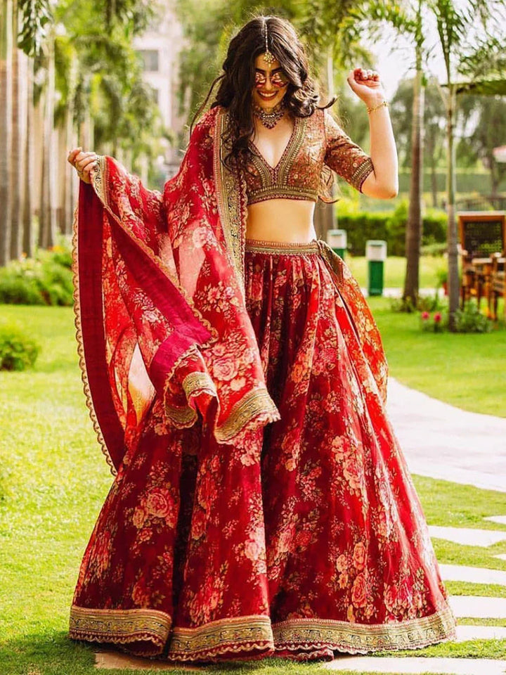 Beautiful Maroon Floral Printed Organza Wedding Lehenga Choli - Zeel Clothing