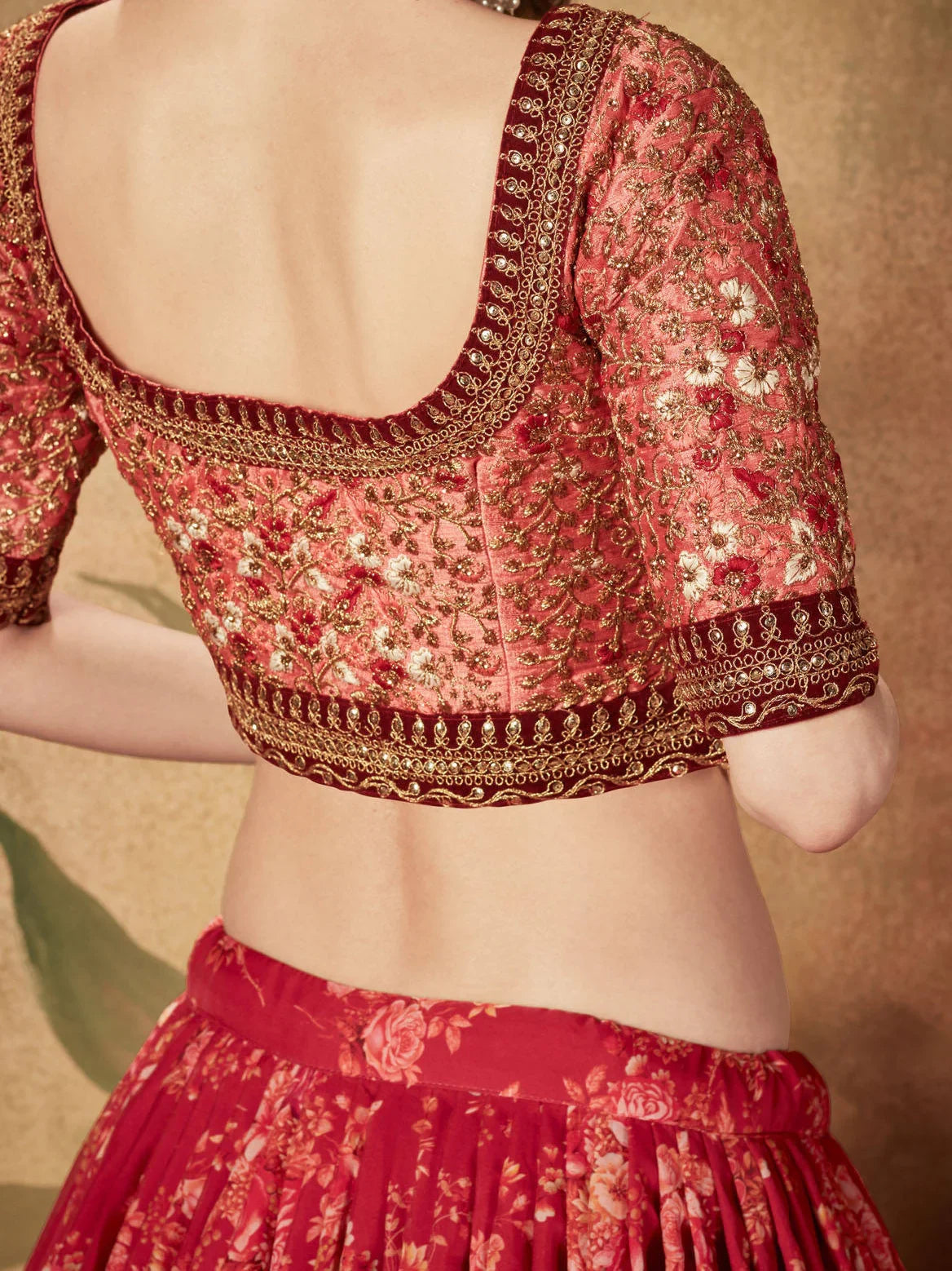 Beautiful Maroon Floral Printed Organza Wedding Lehenga Choli - Zeel Clothing