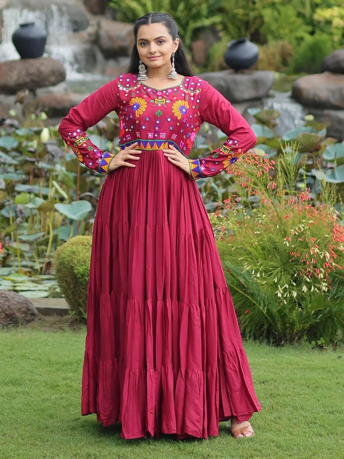 Beautiful Maroon Kutchi Work Rayon Navratri Special Gown - Zeel Clothing