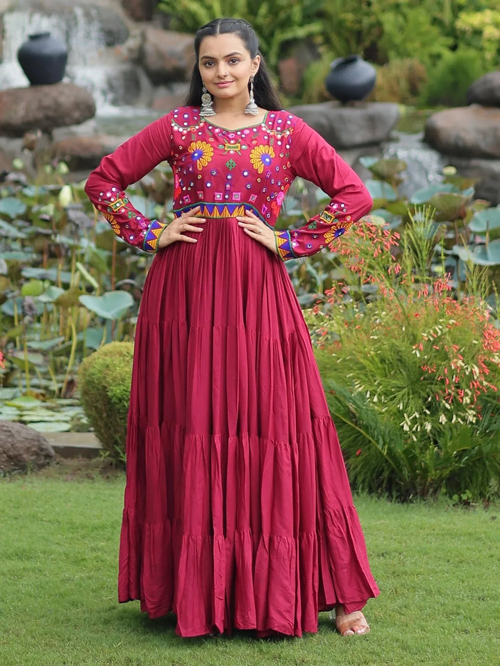 Beautiful Maroon Kutchi Work Rayon Navratri Special Gown - Zeel Clothing