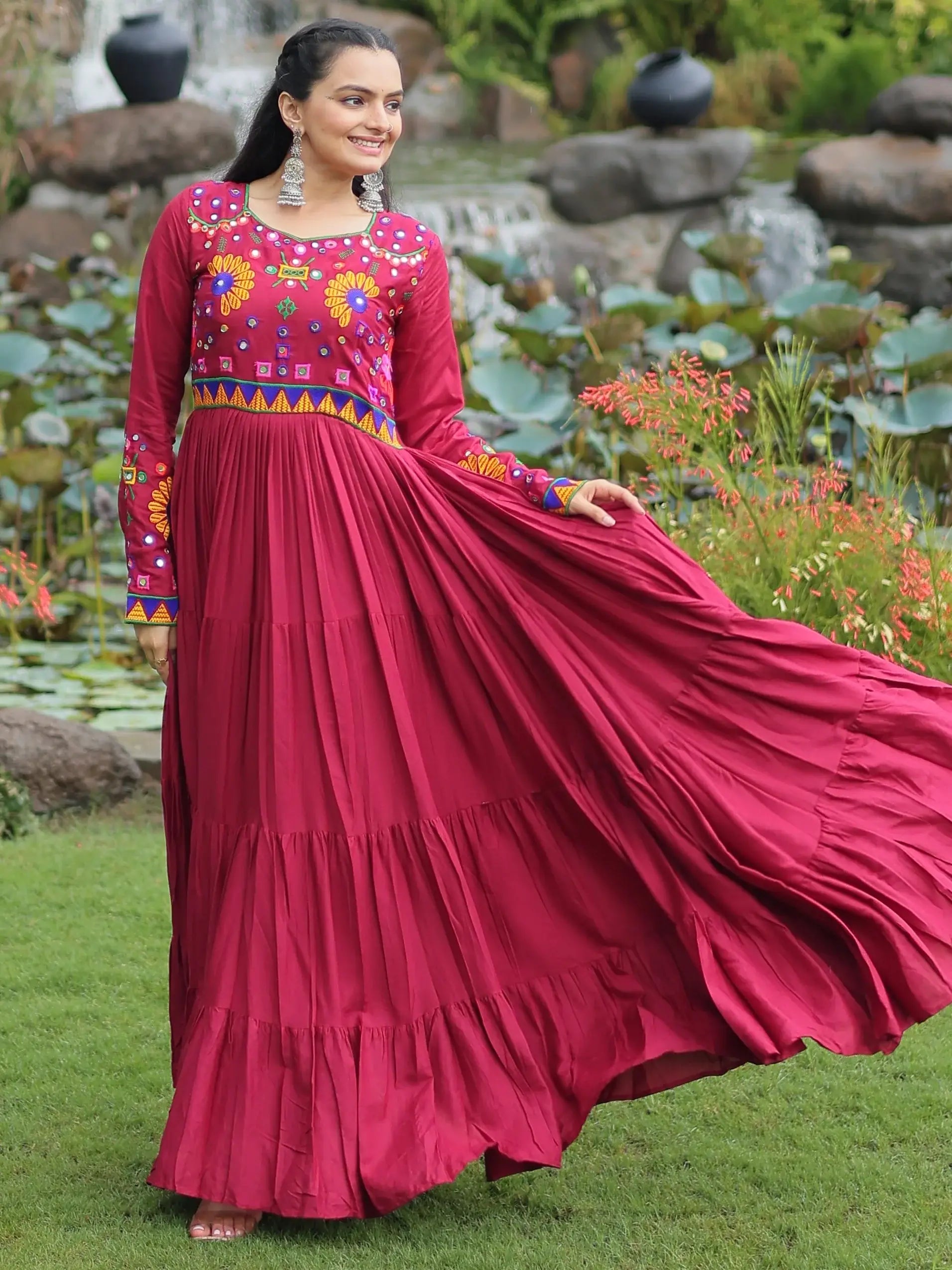 Beautiful Maroon Kutchi Work Rayon Navratri Special Gown - Zeel Clothing