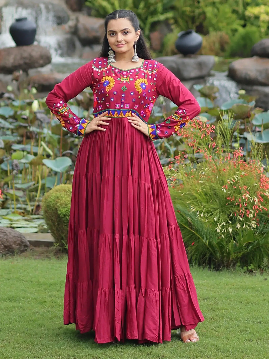 Beautiful Maroon Kutchi Work Rayon Navratri Special Gown - Zeel Clothing