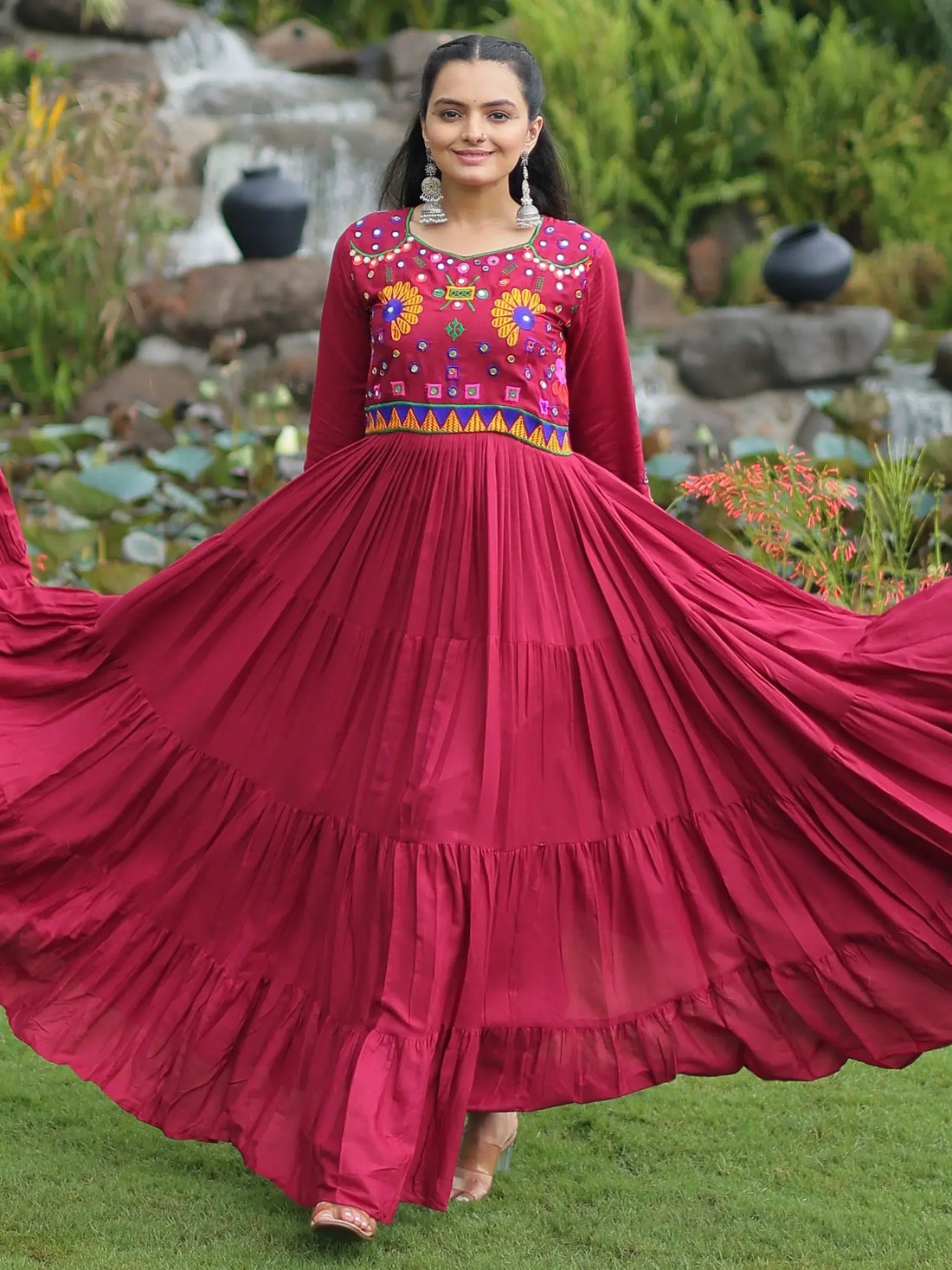 Beautiful Maroon Kutchi Work Rayon Navratri Special Gown - Zeel Clothing