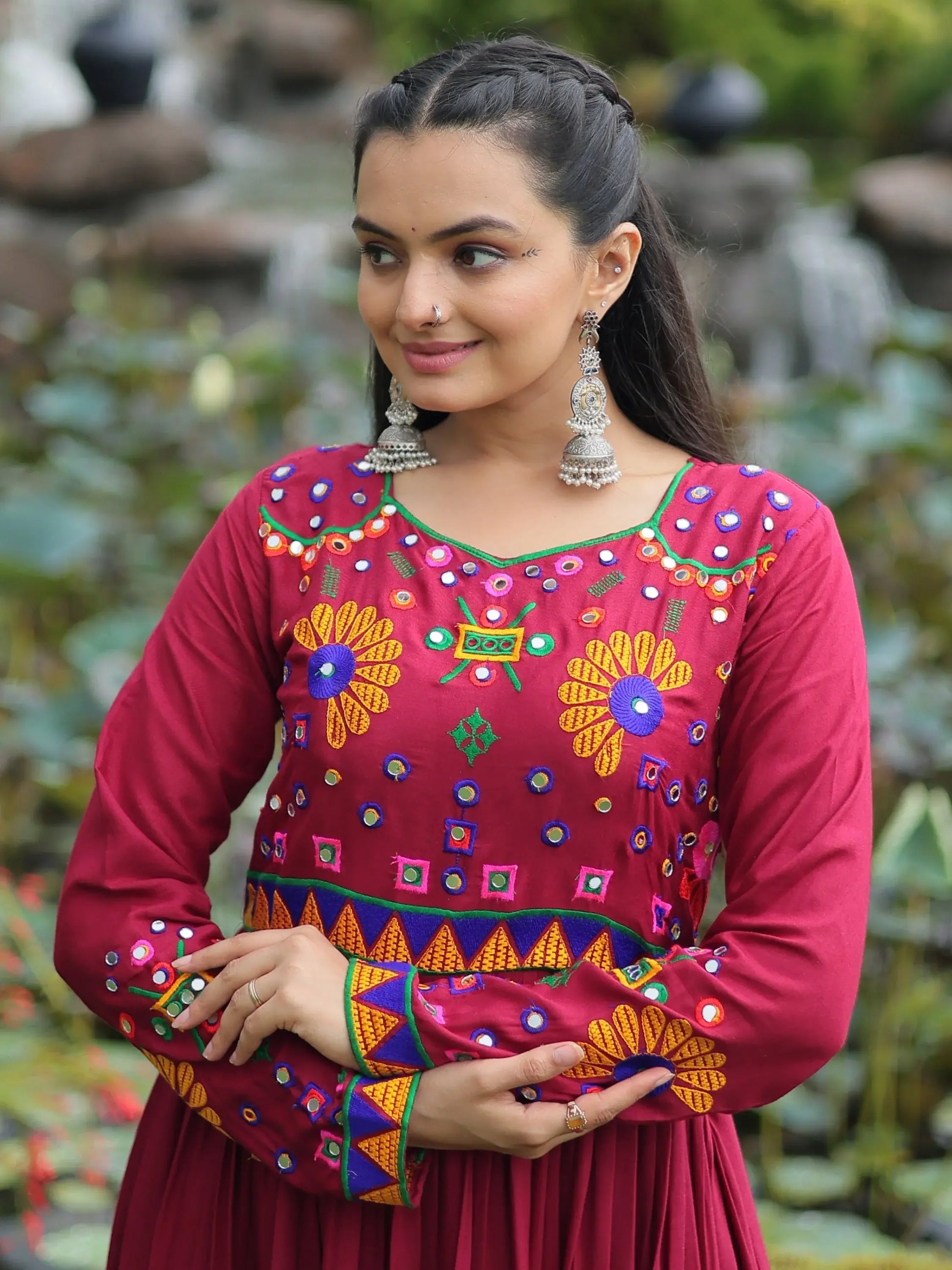 Beautiful Maroon Kutchi Work Rayon Navratri Special Gown - Zeel Clothing