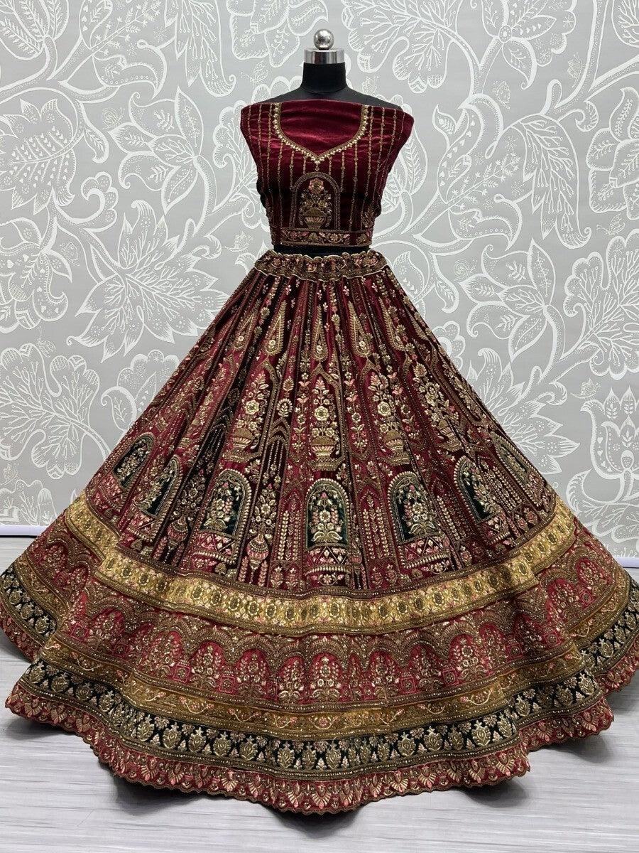 Beautiful Maroon Multi-Thread Work Velvet Bridal Lehenga Choli