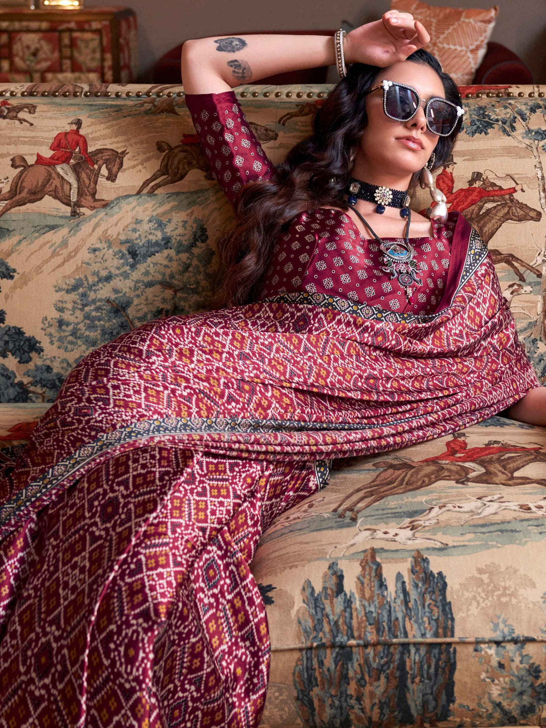 Beautiful Maroon Patola Printed Satin Festival Wear Saree With Blouse - Zeel Clothing