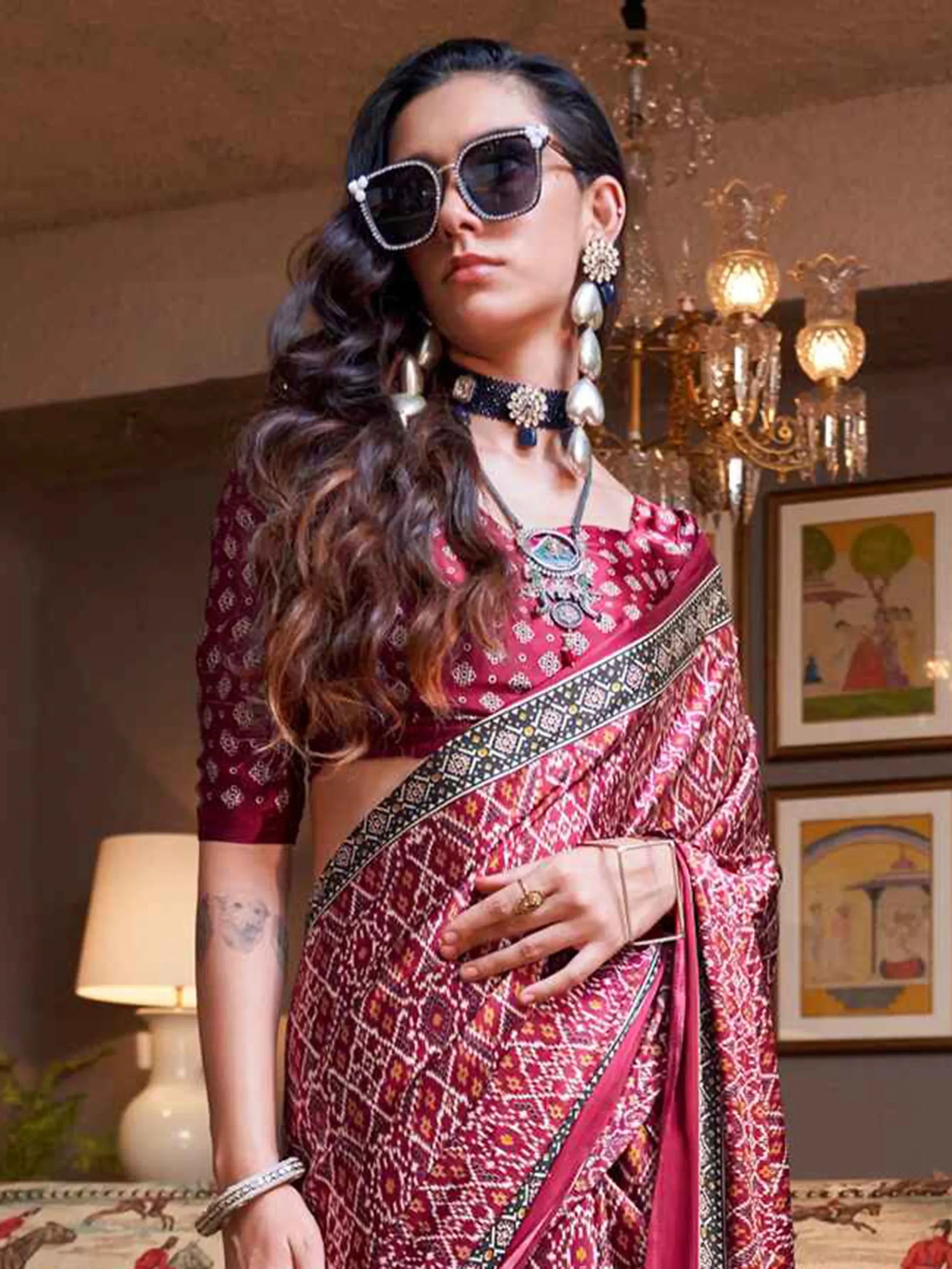 Beautiful Maroon Patola Printed Satin Festival Wear Saree With Blouse - Zeel Clothing