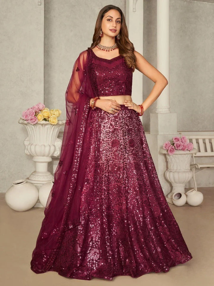 Beautiful Maroon Sequins Net Reception Wear Lehenga Choli With Dupatta