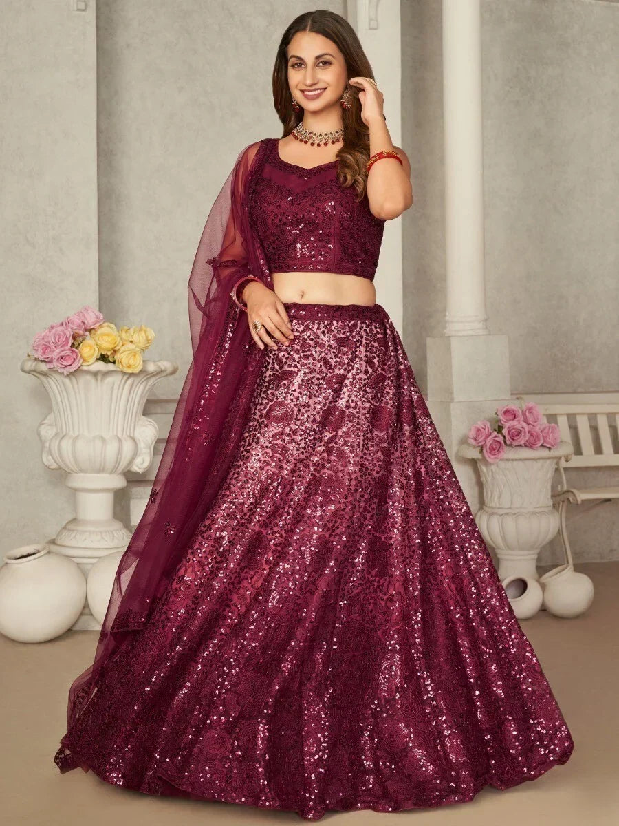 Beautiful Maroon Sequins Net Reception Wear Lehenga Choli With Dupatta