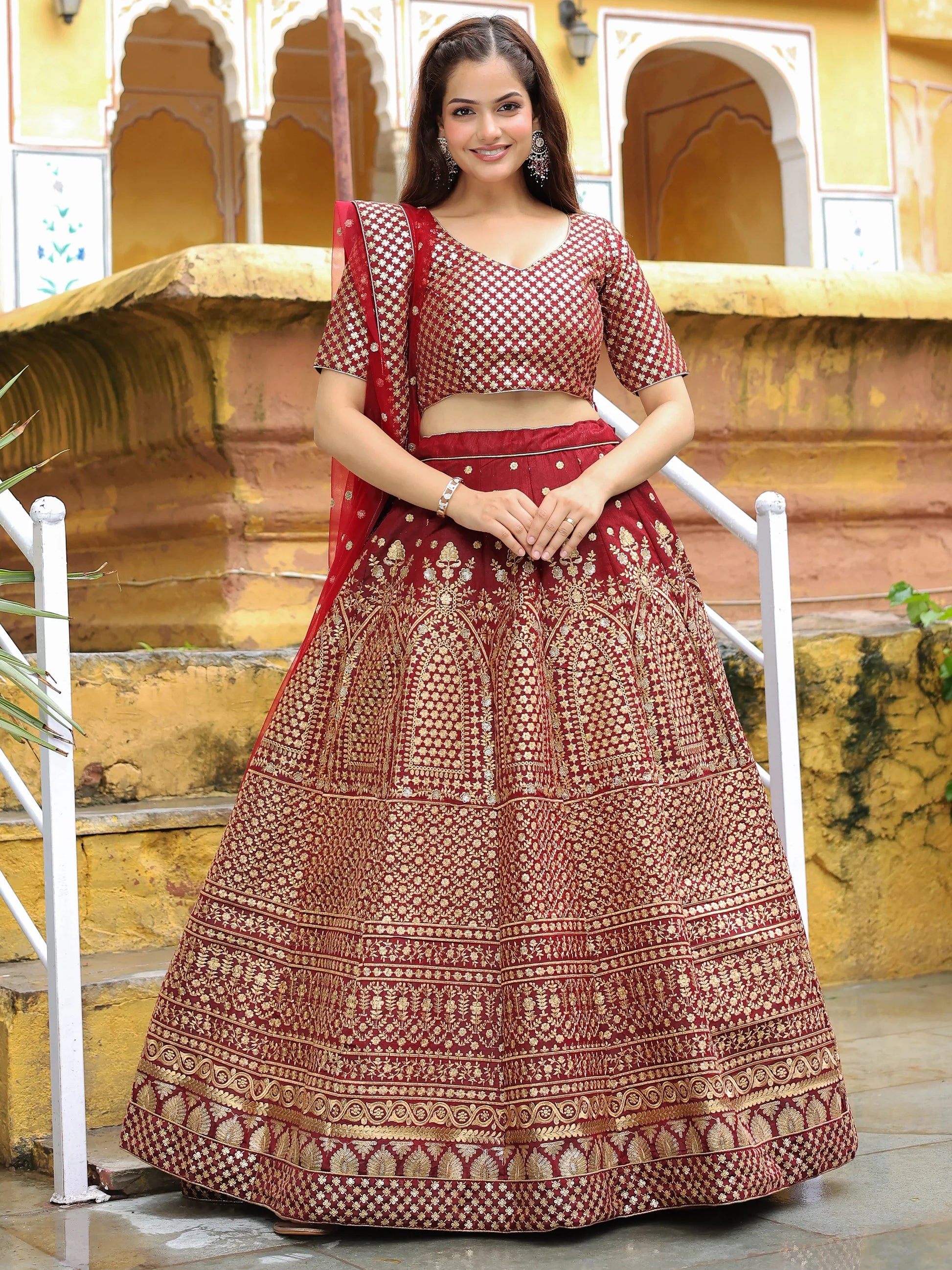 Beautiful Maroon Sequins Raw Silk Bridal Lehenga Choli With Dupatta - Zeel Clothing