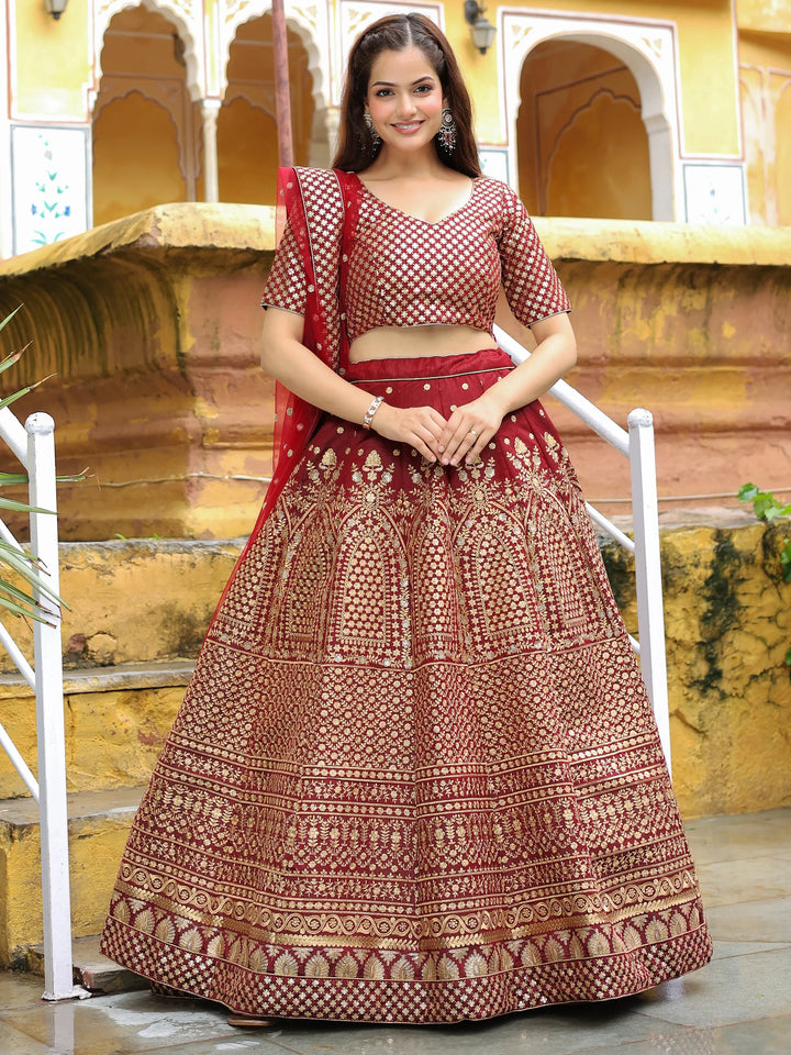 Beautiful Maroon Sequins Raw Silk Bridal Lehenga Choli With Dupatta - Zeel Clothing