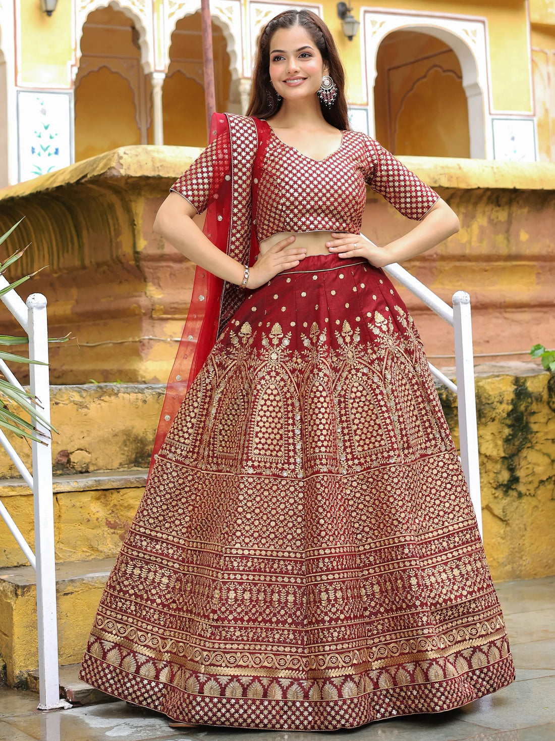 Beautiful Maroon Sequins Raw Silk Bridal Lehenga Choli With Dupatta - Zeel Clothing