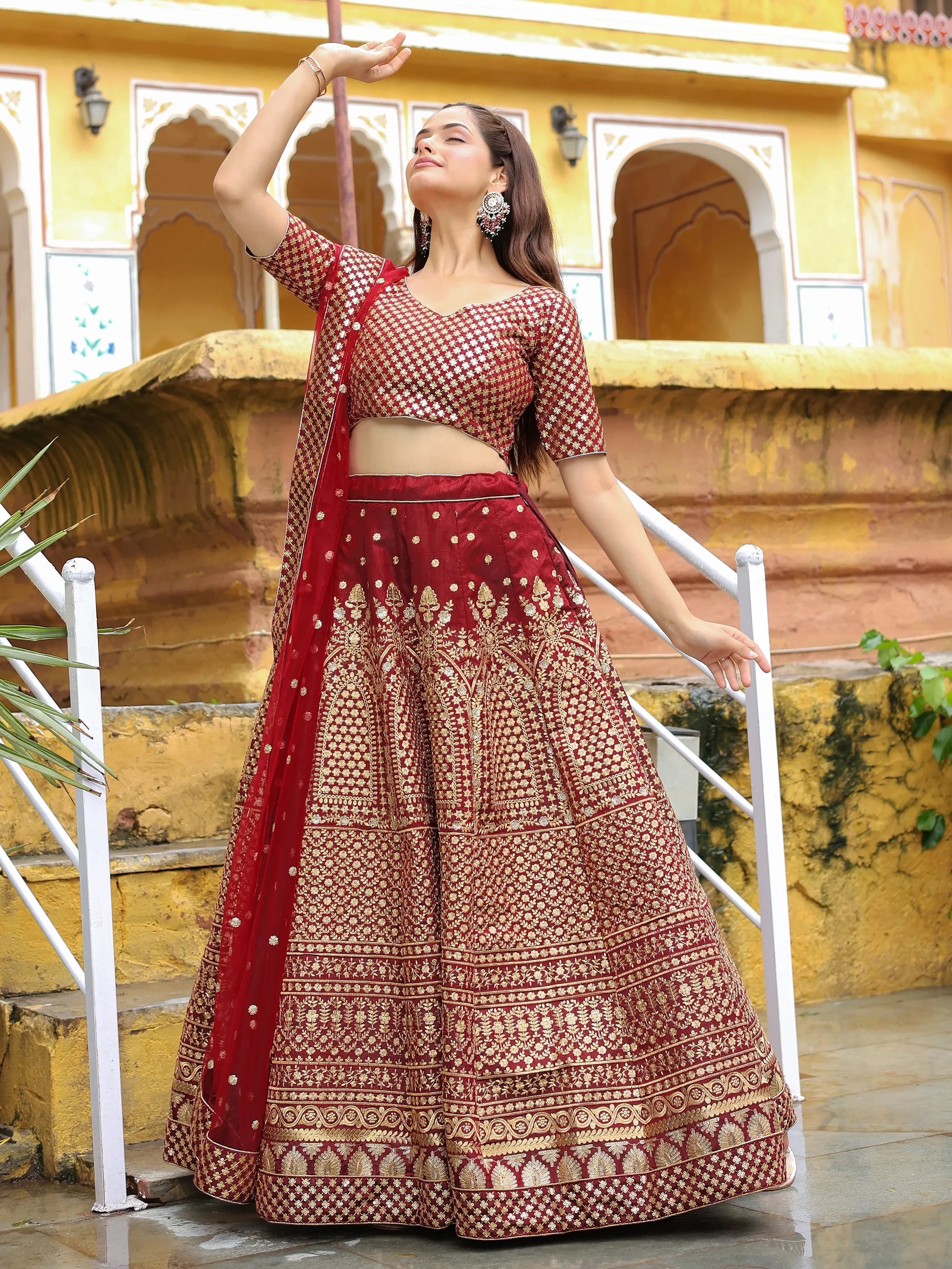Beautiful Maroon Sequins Raw Silk Bridal Lehenga Choli With Dupatta - Zeel Clothing
