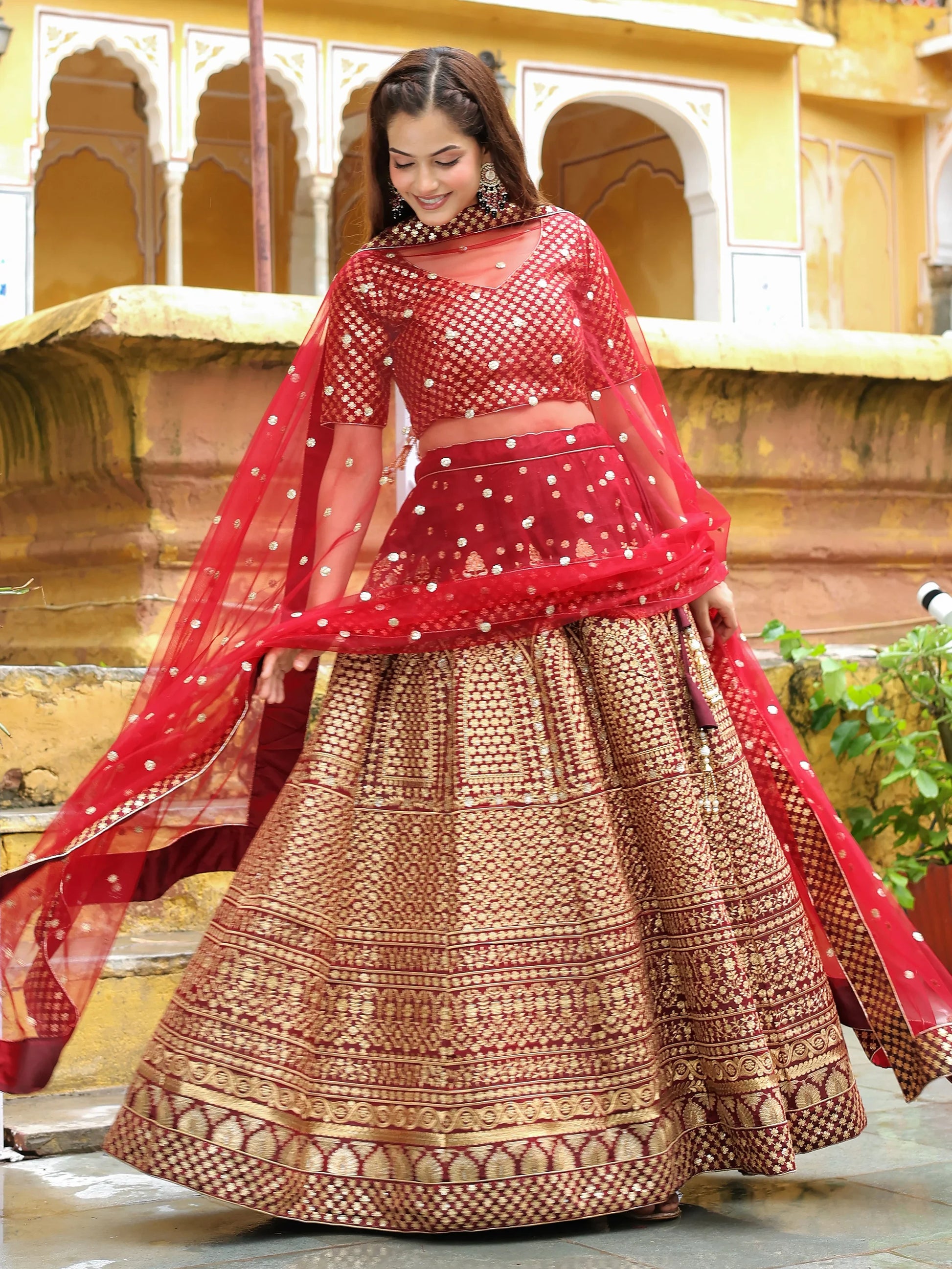 Beautiful Maroon Sequins Raw Silk Bridal Lehenga Choli With Dupatta - Zeel Clothing